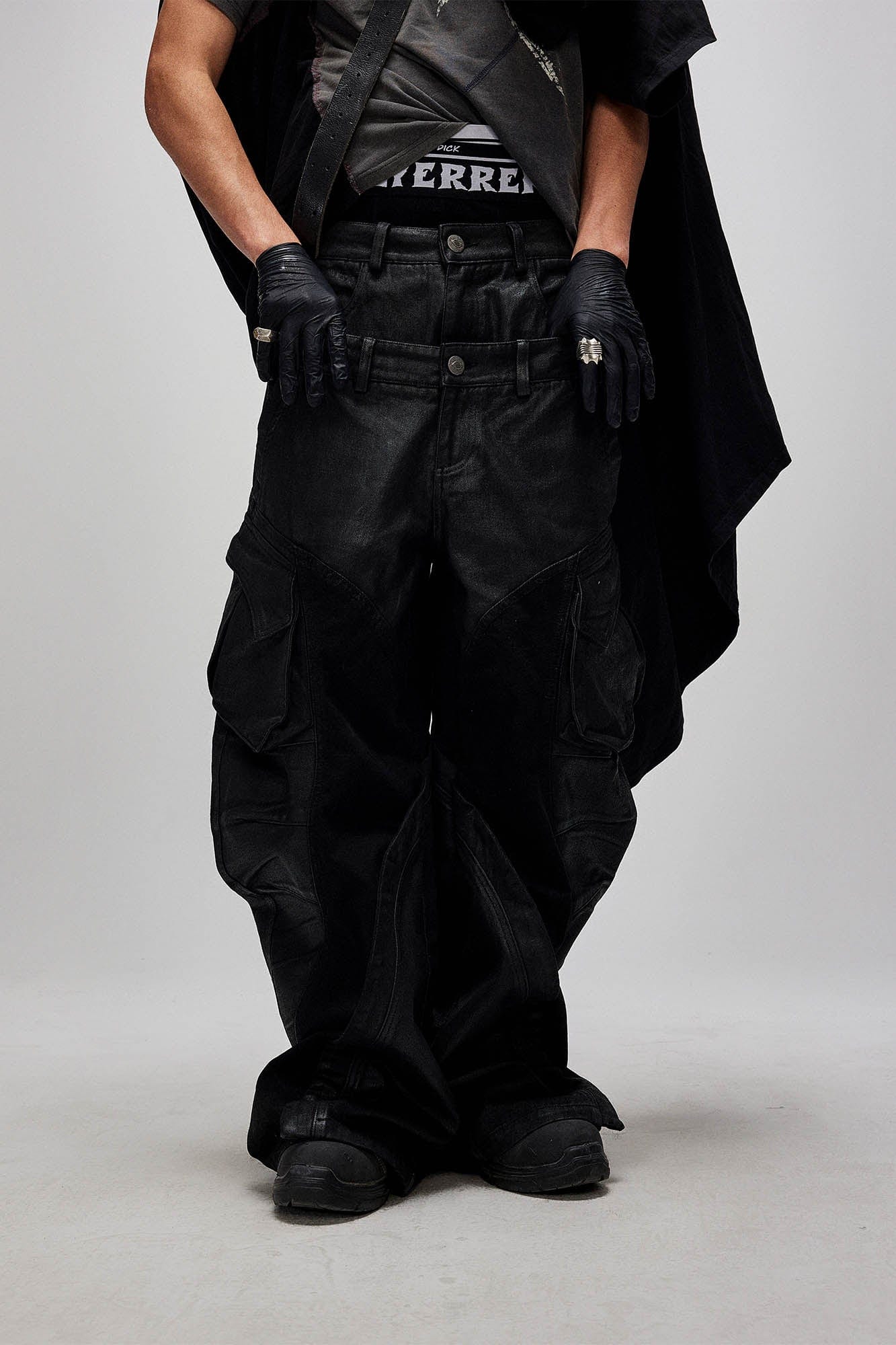 FLYERRER Dual-Waist Waxed Arc-Spliced Cargo Pants, premium urban and streetwear designers apparel on PROJECTISR.com, FLYERRER