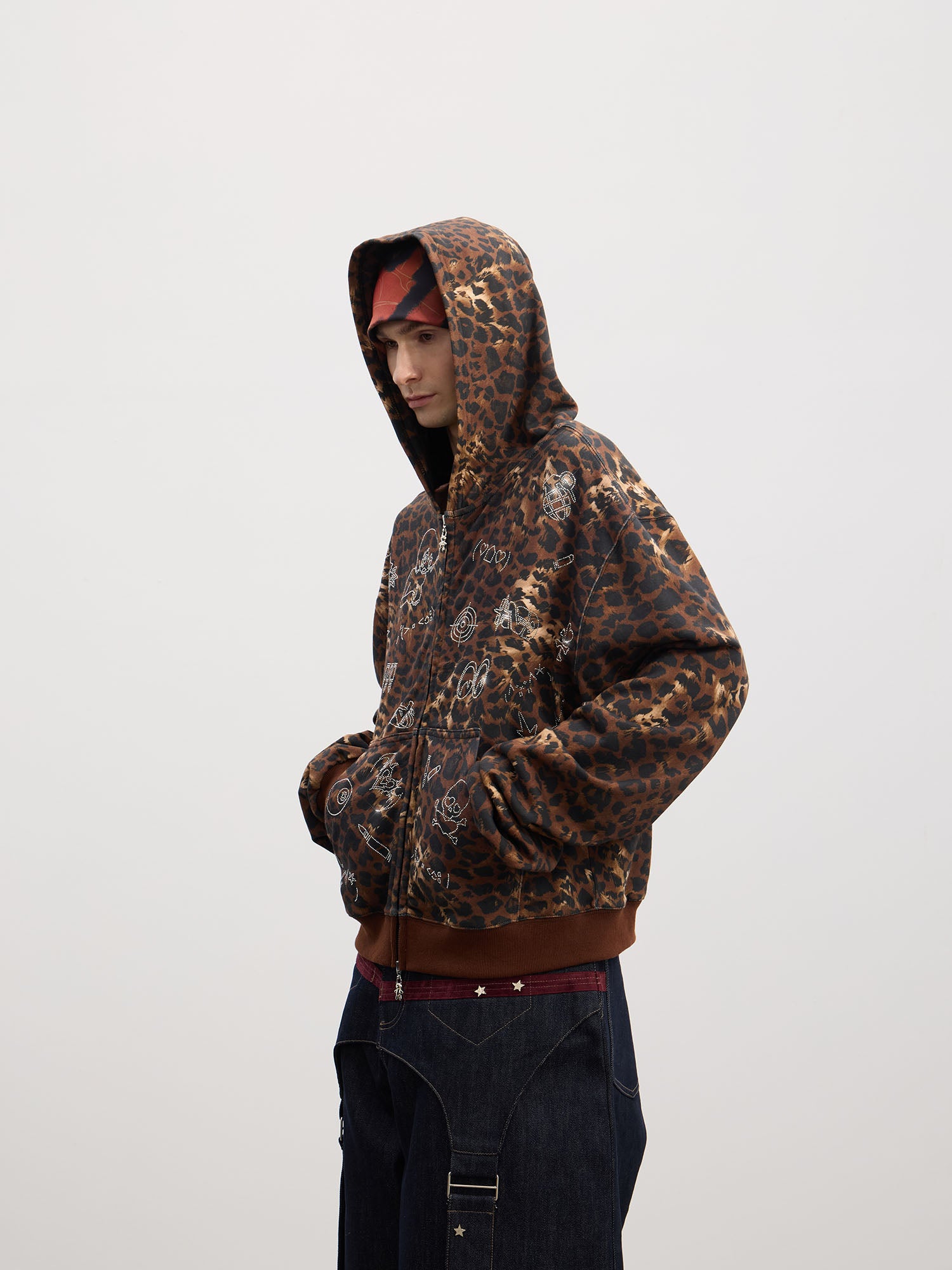 DND4DES Cartoon Rhinestone Leopard Zip-Up Hoodie