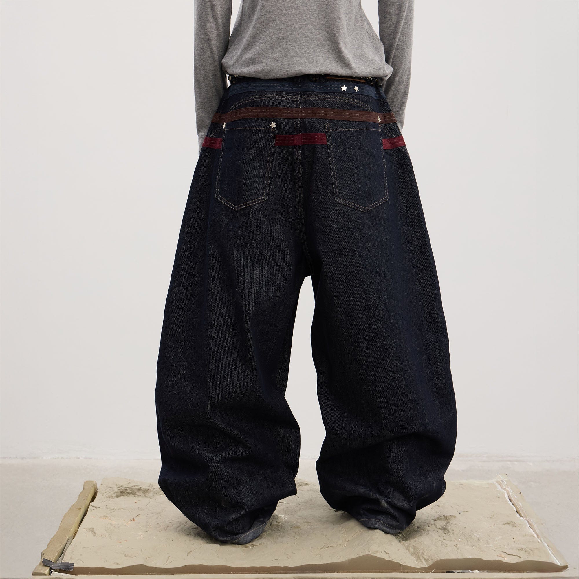 DND4DES Star-Rivet Harness-Layered Curved Jeans, premium urban and streetwear designers apparel on PROJECTISR.com, DND4DES