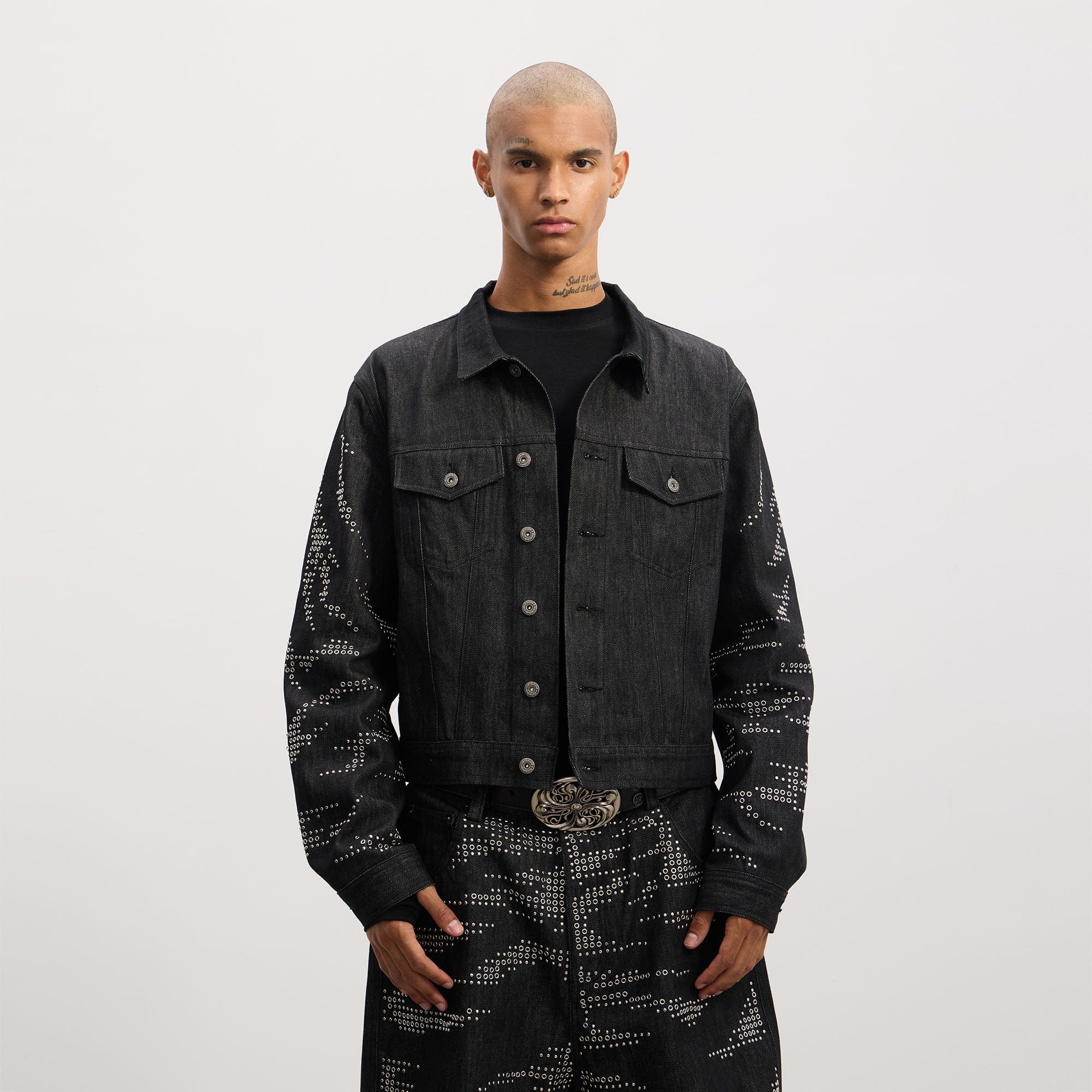 DND4DES Studded Sleeve Cropped Denim Jacket, premium urban and streetwear designers apparel on PROJECTISR.com, DND4DES