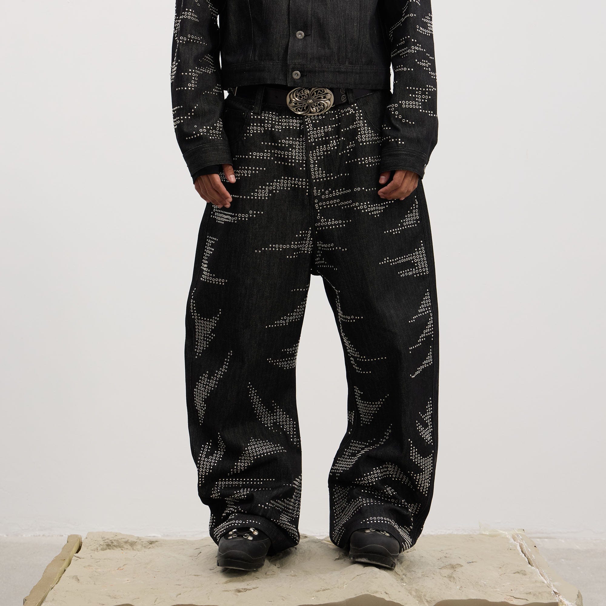 DND4DES Studded Tiger Stripe Baggy Jeans, premium urban and streetwear designers apparel on PROJECTISR.com, DND4DES