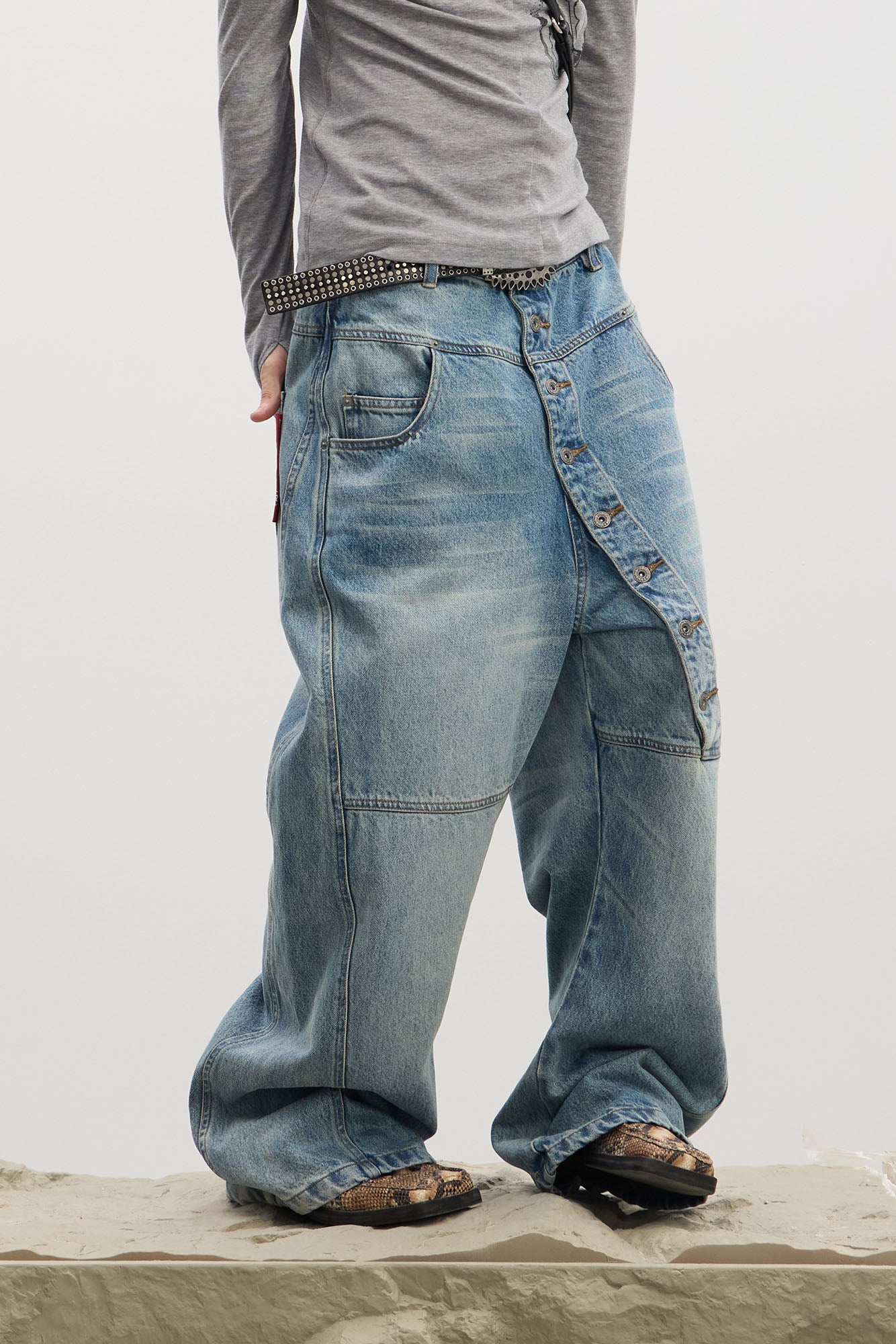 DND4DES Asymmetric Button-Fly Panel Washed Jeans, premium urban and streetwear designers apparel on PROJECTISR.com, DND4DES
