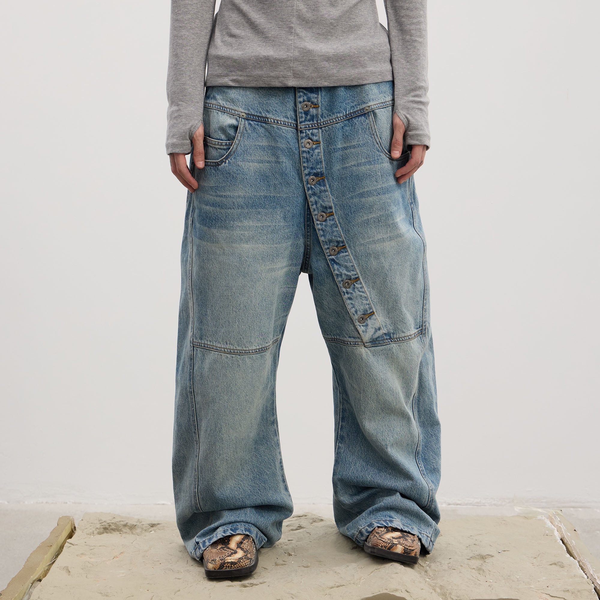 DND4DES Asymmetric Button-Fly Panel Washed Jeans, premium urban and streetwear designers apparel on PROJECTISR.com, DND4DES