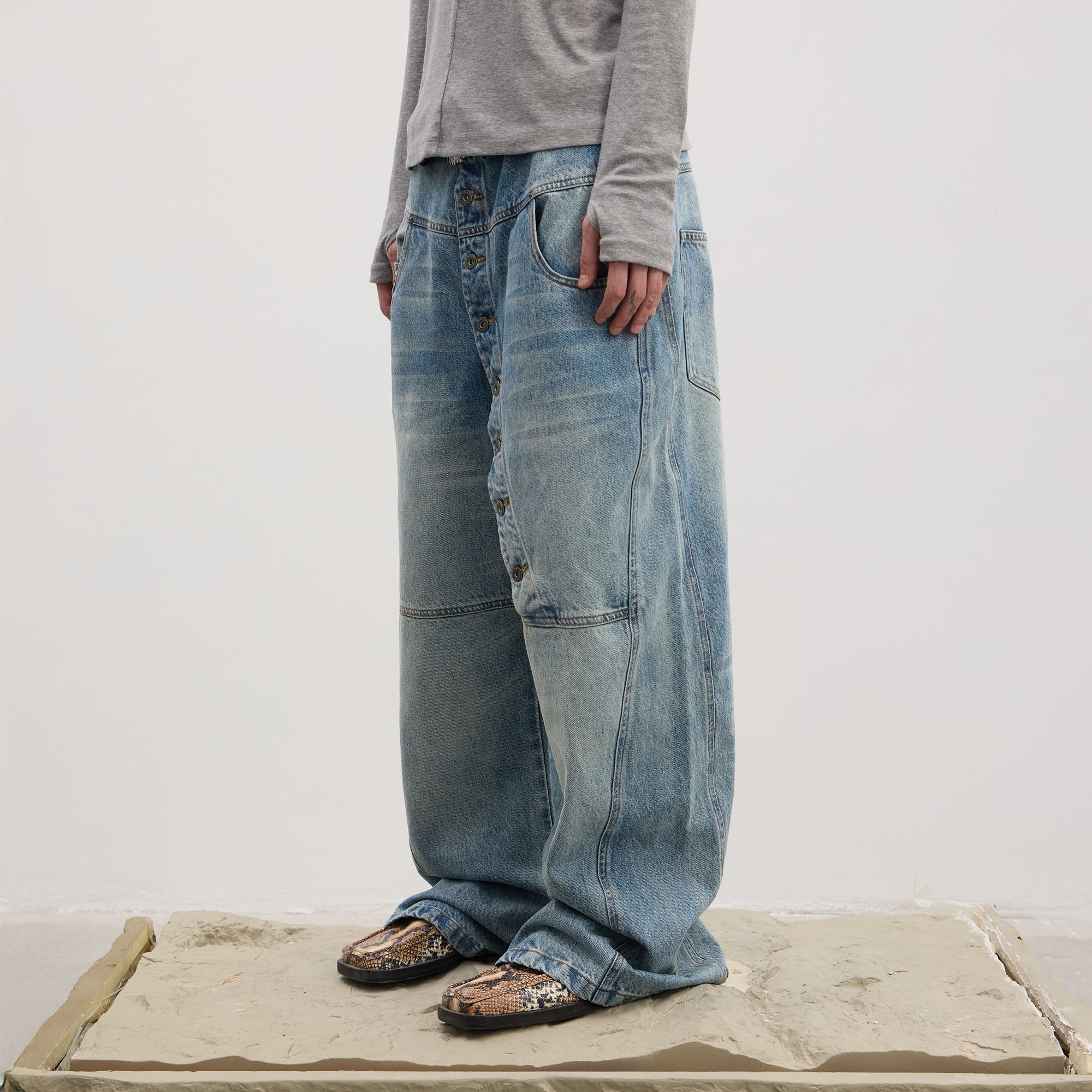 DND4DES Asymmetric Button-Fly Panel Washed Jeans, premium urban and streetwear designers apparel on PROJECTISR.com, DND4DES