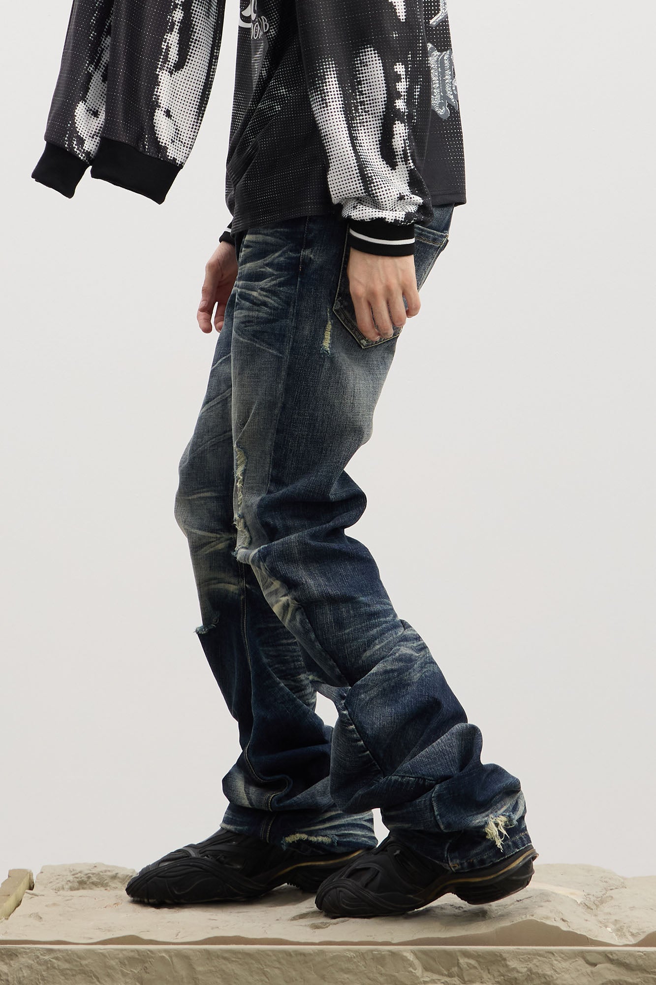 DND4DES Dirty Fit Whiskered Stack Jeans, premium urban and streetwear designers apparel on PROJECTISR.com, DND4DES
