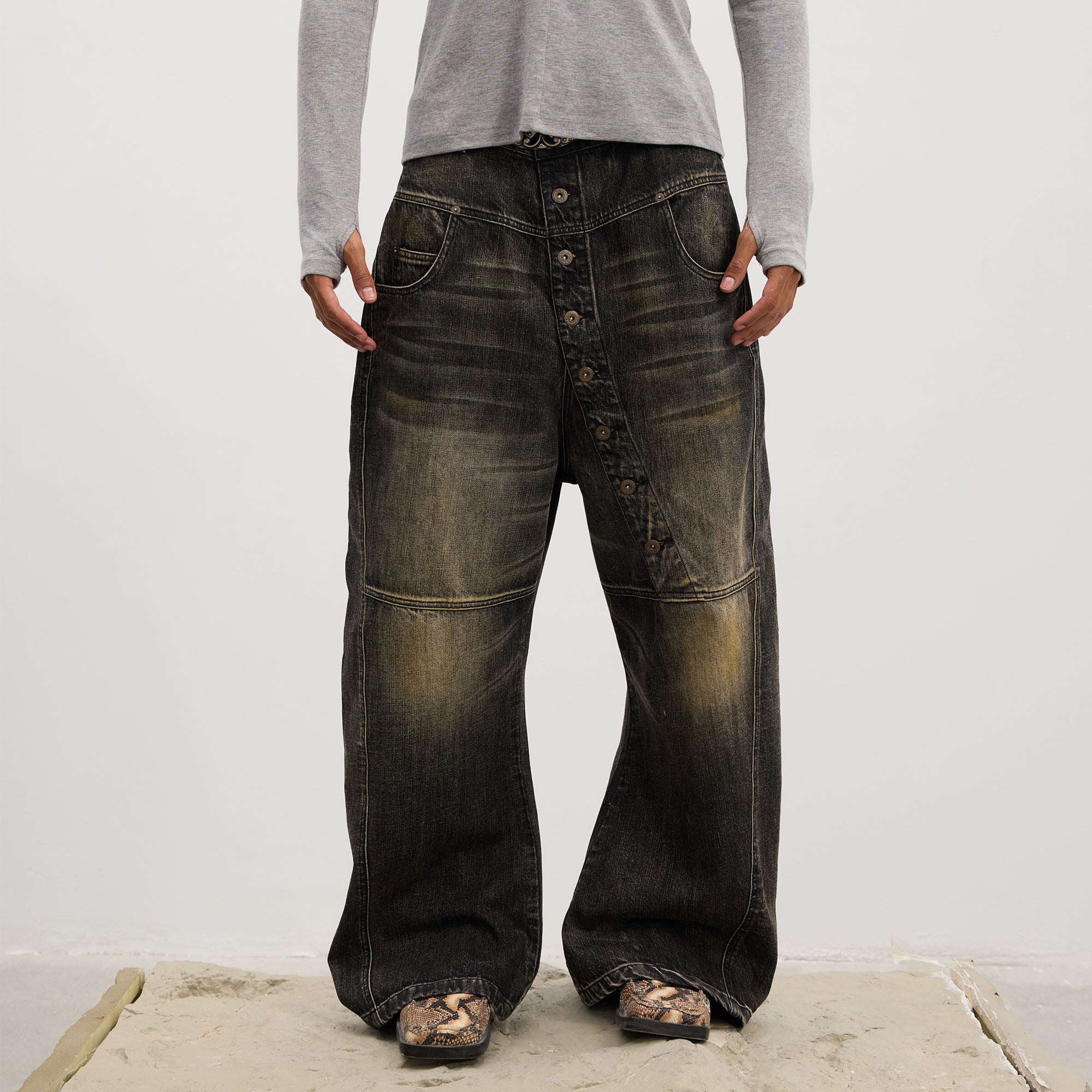 DND4DES Asymmetric Button-Fly Panel Washed Jeans, premium urban and streetwear designers apparel on PROJECTISR.com, DND4DES