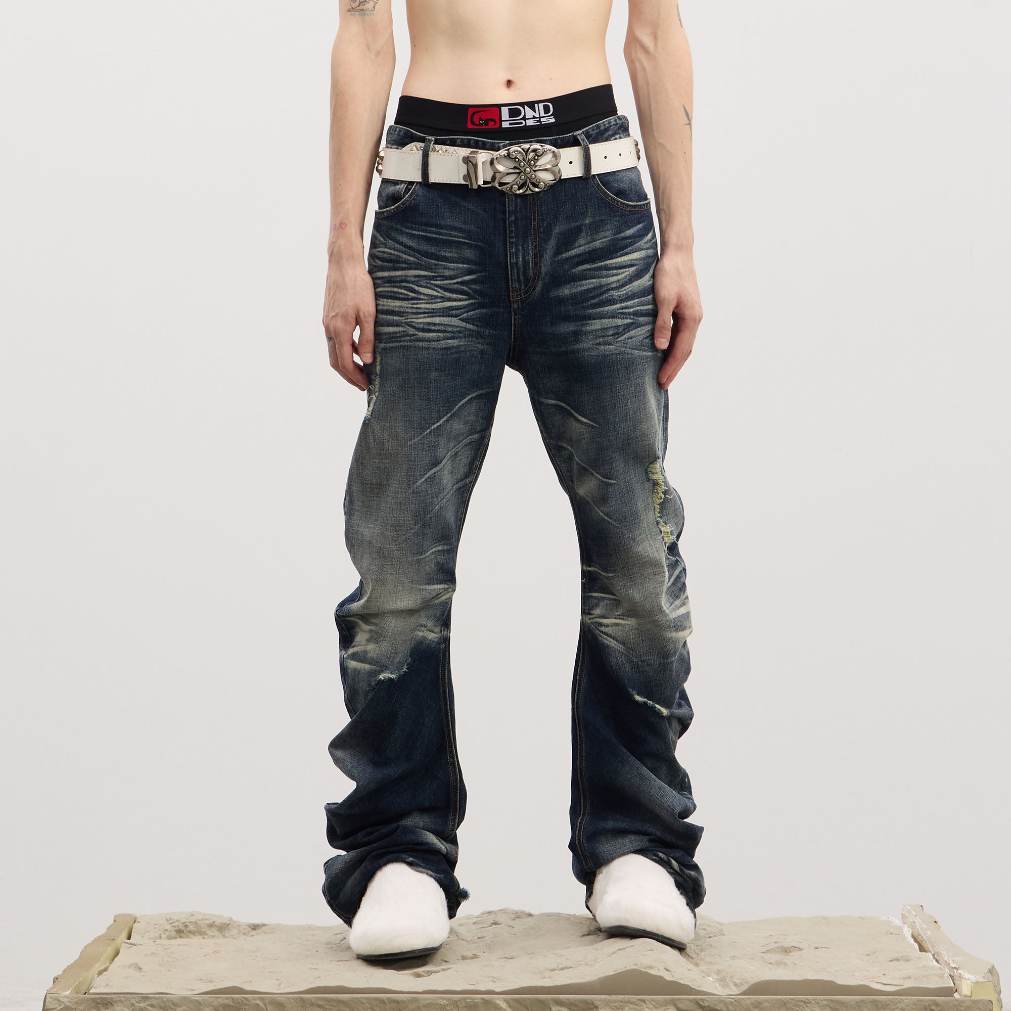 DND4DES Dirty Fit Whiskered Stack Jeans, premium urban and streetwear designers apparel on PROJECTISR.com, DND4DES