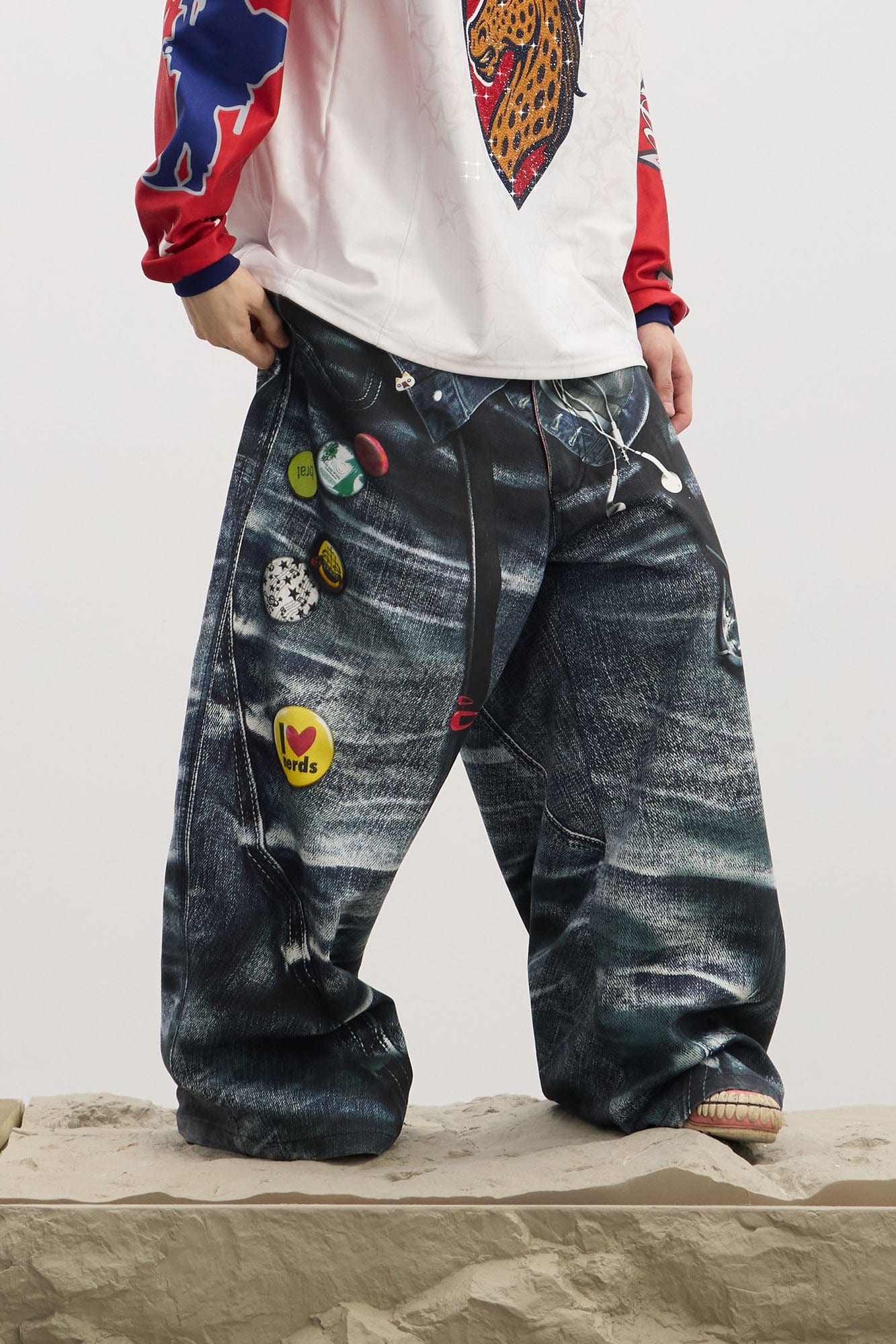 DND4DES Trompe-l'œil Double-Waist Baggy Jeans, premium urban and streetwear designers apparel on PROJECTISR.com, DND4DES