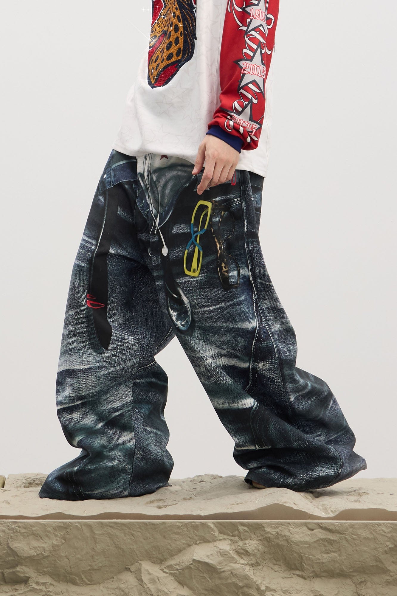 DND4DES Trompe-l'œil Double-Waist Baggy Jeans, premium urban and streetwear designers apparel on PROJECTISR.com, DND4DES