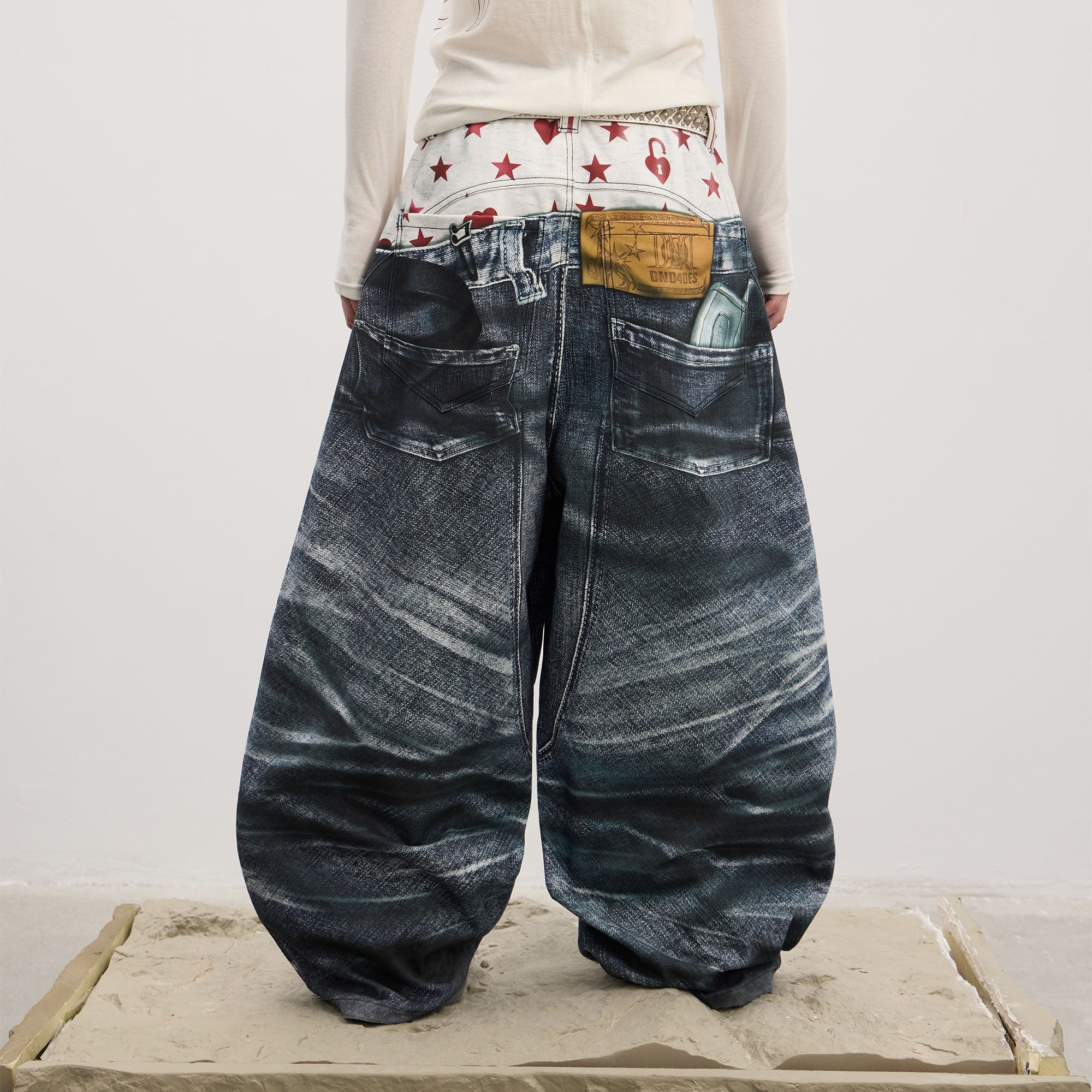 DND4DES Trompe-l'œil Double-Waist Baggy Jeans, premium urban and streetwear designers apparel on PROJECTISR.com, DND4DES
