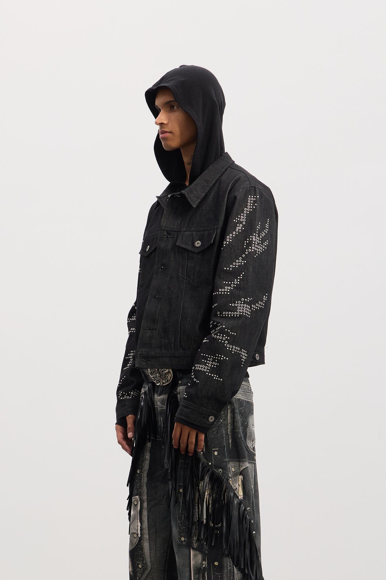 DND4DES Studded Sleeve Cropped Denim Jacket, premium urban and streetwear designers apparel on PROJECTISR.com, DND4DES