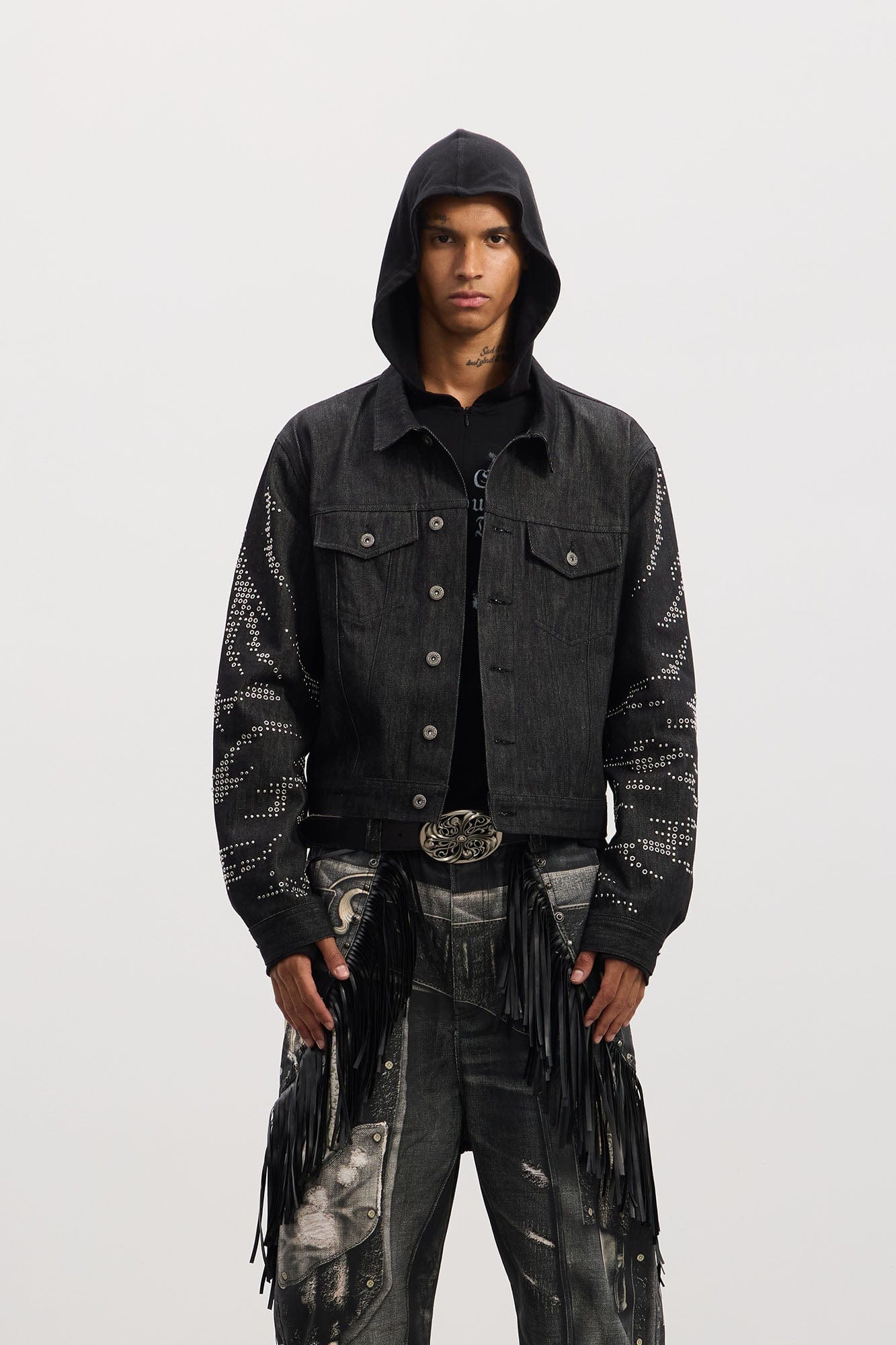 DND4DES Studded Sleeve Cropped Denim Jacket, premium urban and streetwear designers apparel on PROJECTISR.com, DND4DES