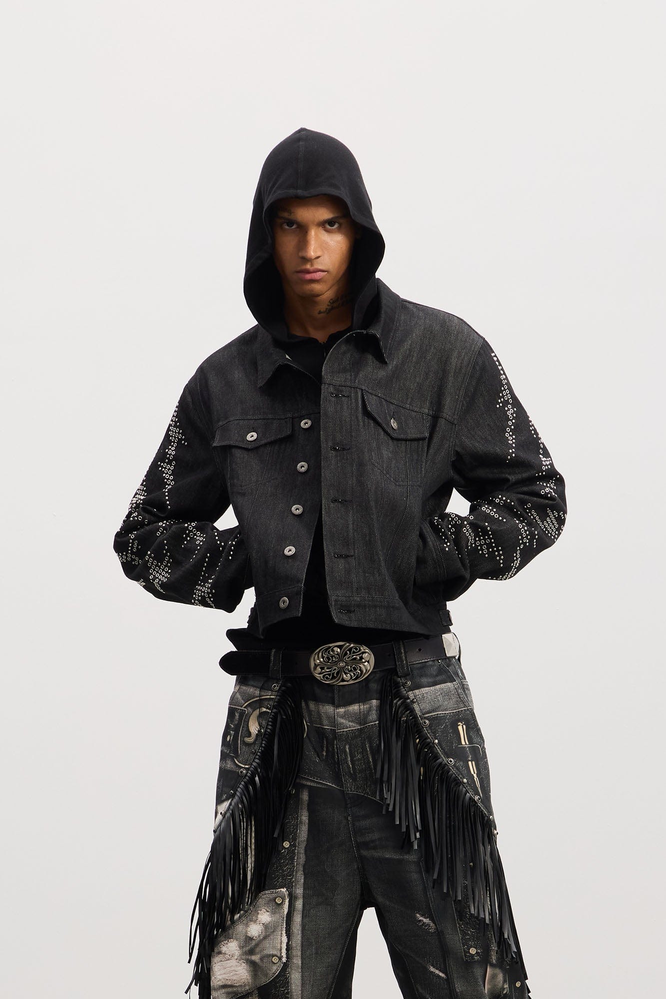 DND4DES Studded Sleeve Cropped Denim Jacket, premium urban and streetwear designers apparel on PROJECTISR.com, DND4DES