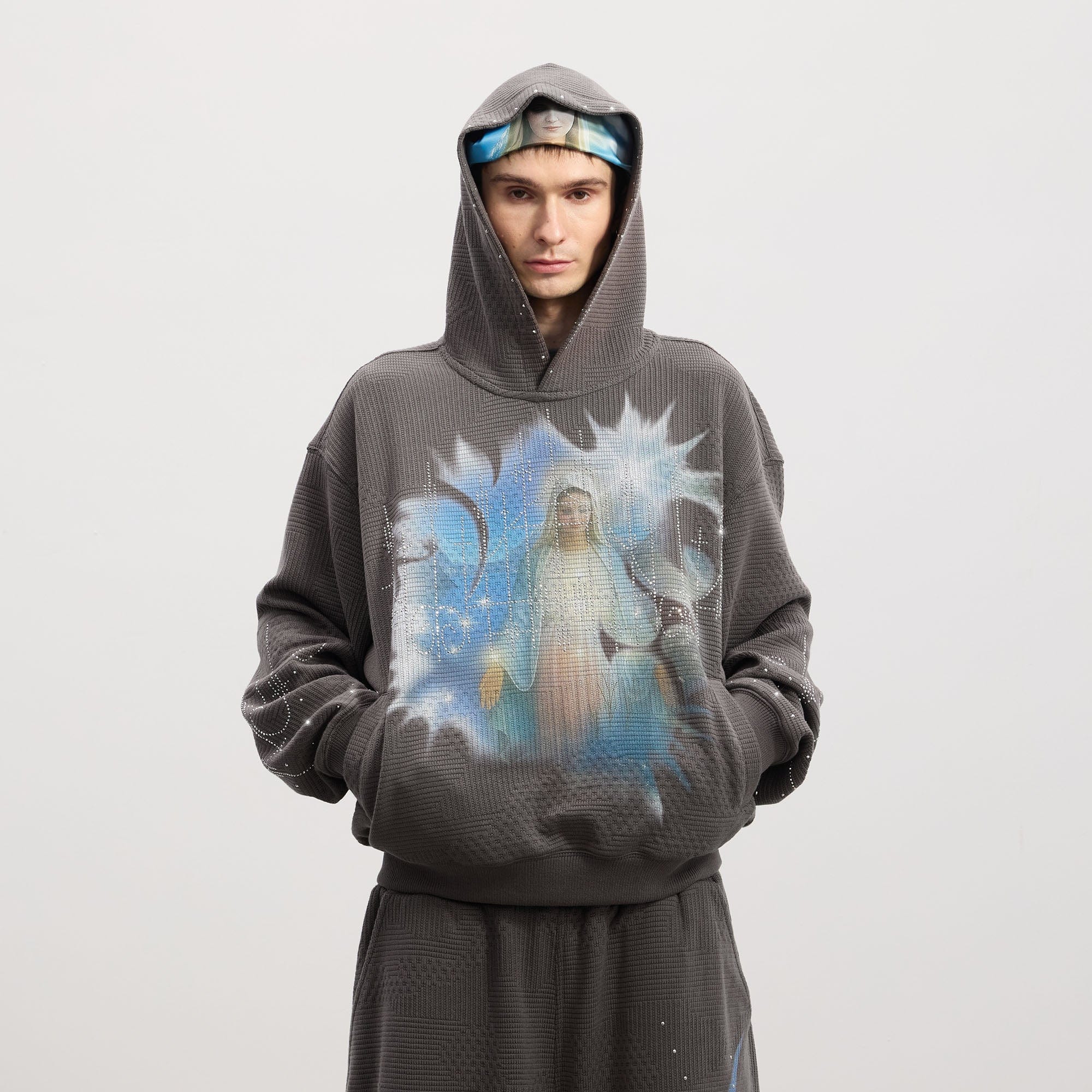 DND4DES Virgin Mary Graphic Rhinestone Hoodie, premium urban and streetwear designers apparel on PROJECTISR.com, DND4DES