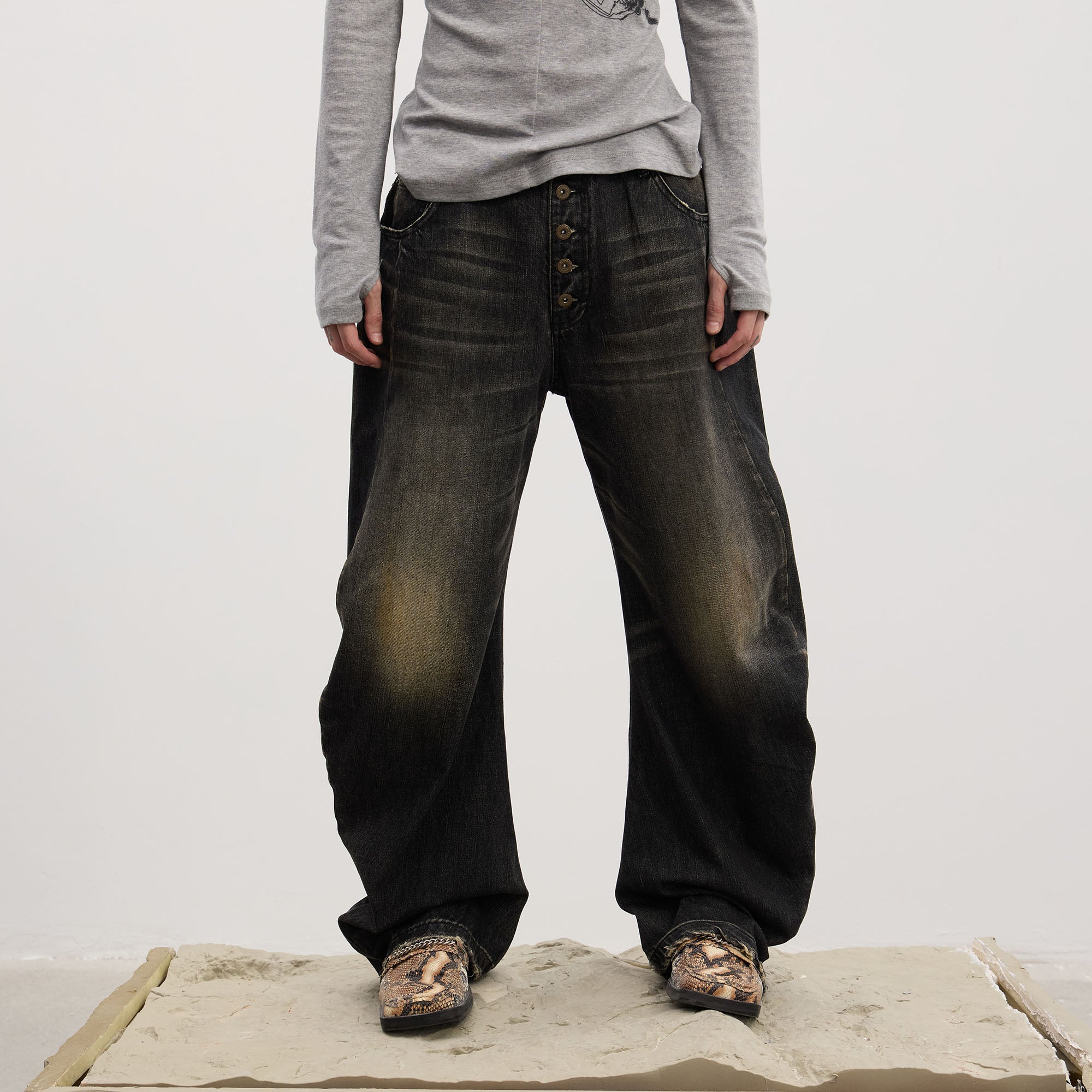 DND4DES Washed Button-Up Balloon-Leg Jeans, premium urban and streetwear designers apparel on PROJECTISR.com, DND4DES