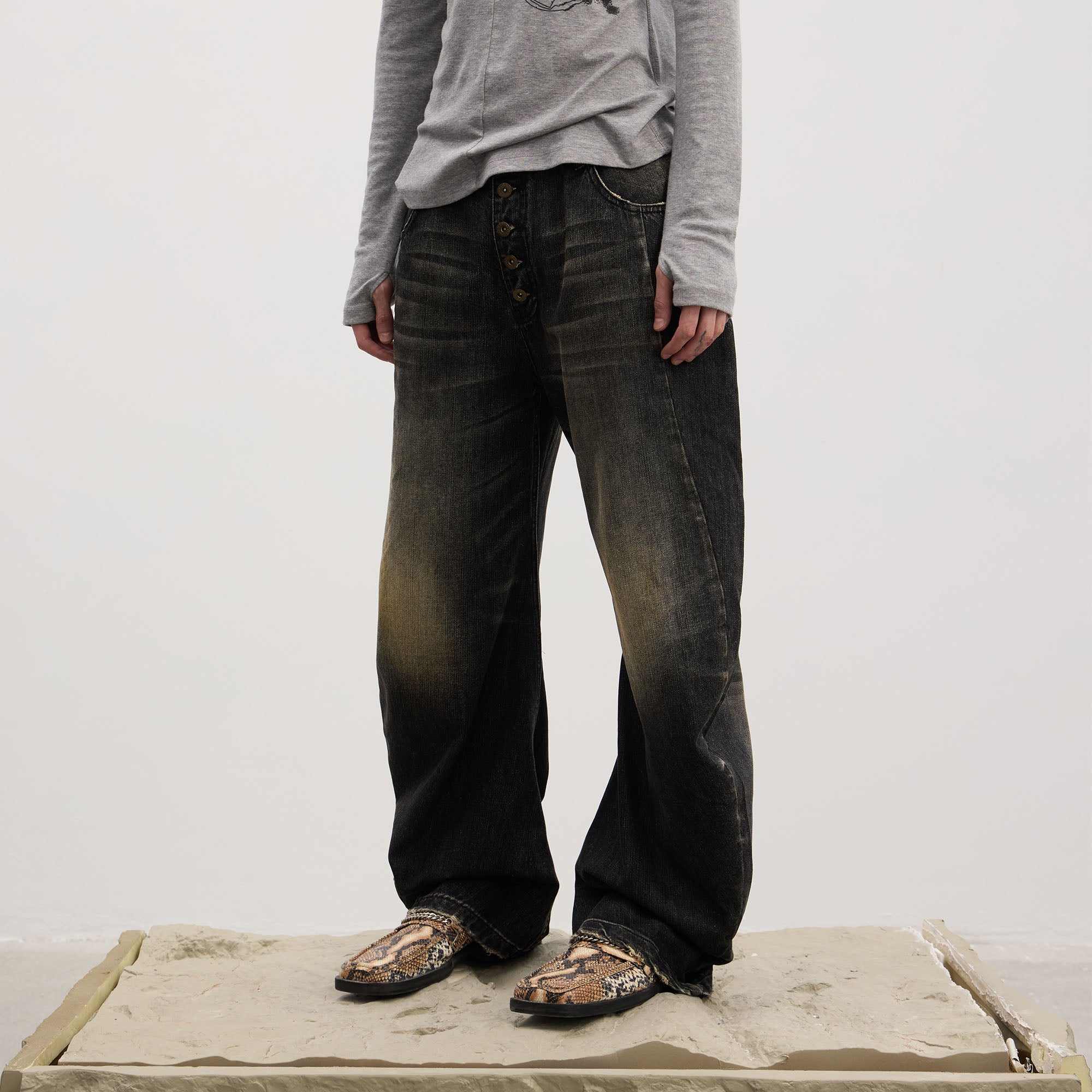 DND4DES Washed Button-Up Balloon-Leg Jeans, premium urban and streetwear designers apparel on PROJECTISR.com, DND4DES