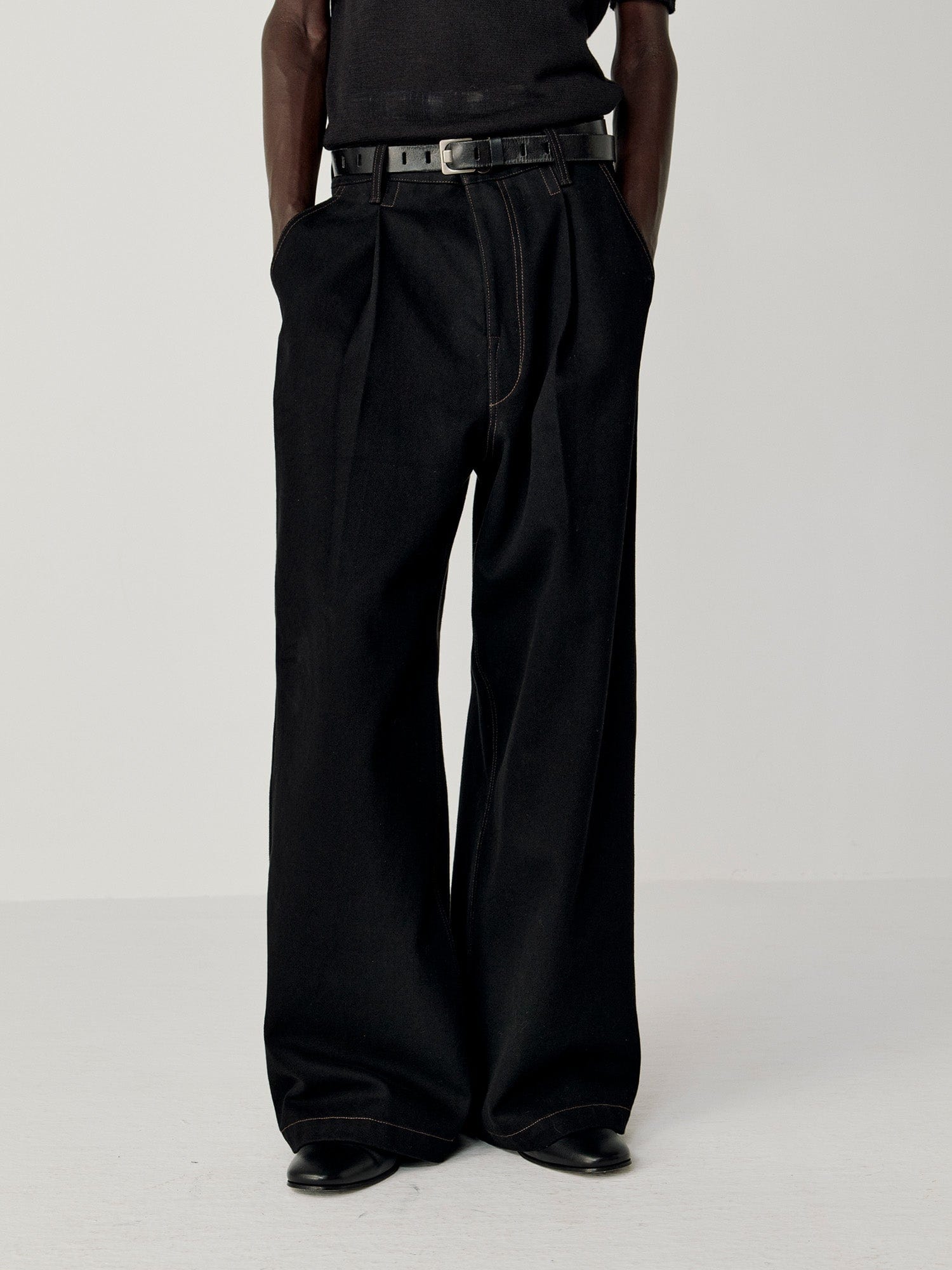 OPICLOTH Washed Contrast Stitch Wide-Leg Jeans, premium urban and streetwear designers apparel on PROJECTISR.com, OPICLOTH