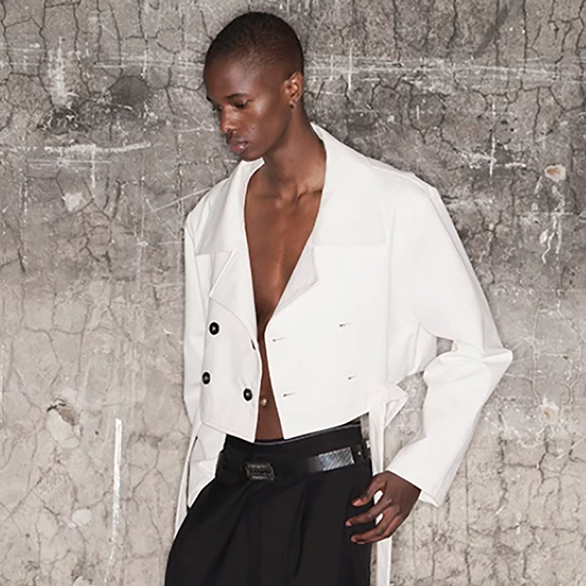 TRIANGLE PROJECT Cropped Asymmetrical Double-Breasted Cropped Jacket, premium urban and streetwear designers apparel on PROJECTISR.com, TRIANGLE PROJECT
