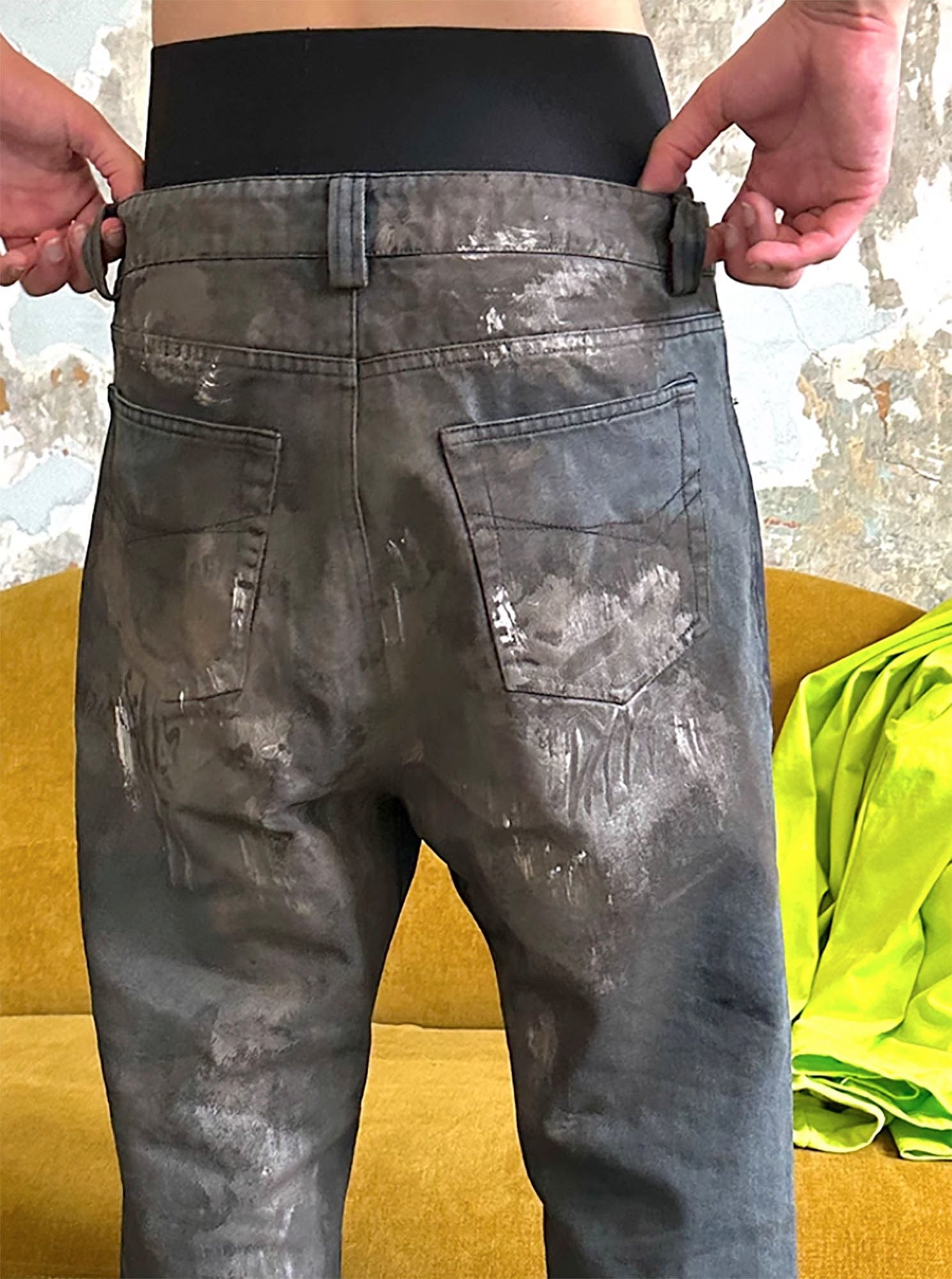 TRIANGLE PROJECT Dirty-Washed Paint-Splattered Straight-Leg Denim Pants, premium urban and streetwear designers apparel on PROJECTISR.com, TRIANGLE PROJECT