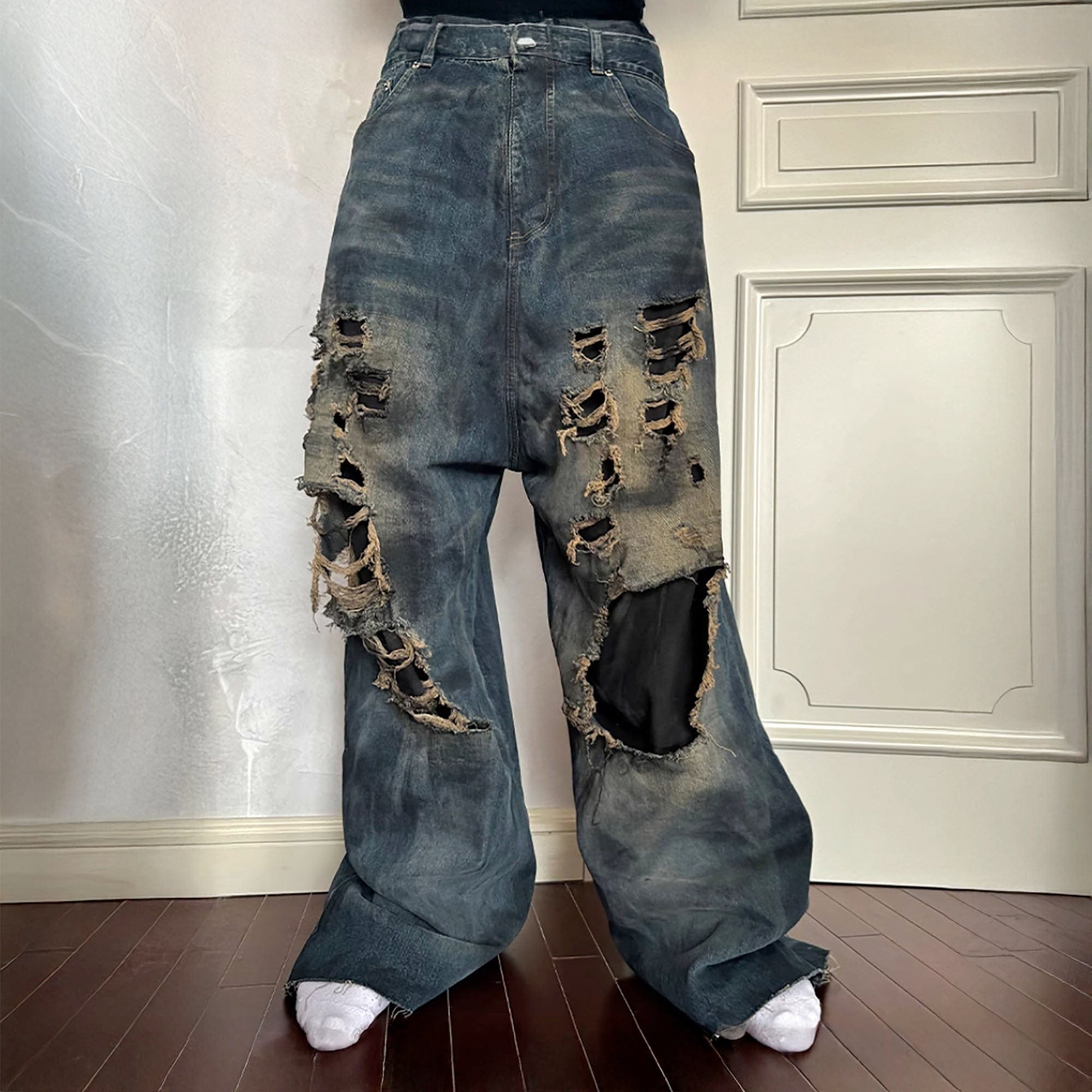 TRIANGLE PROJECT Layered Washed Oversized Ripped Jeans, premium urban and streetwear designers apparel on PROJECTISR.com, TRIANGLE PROJECT
