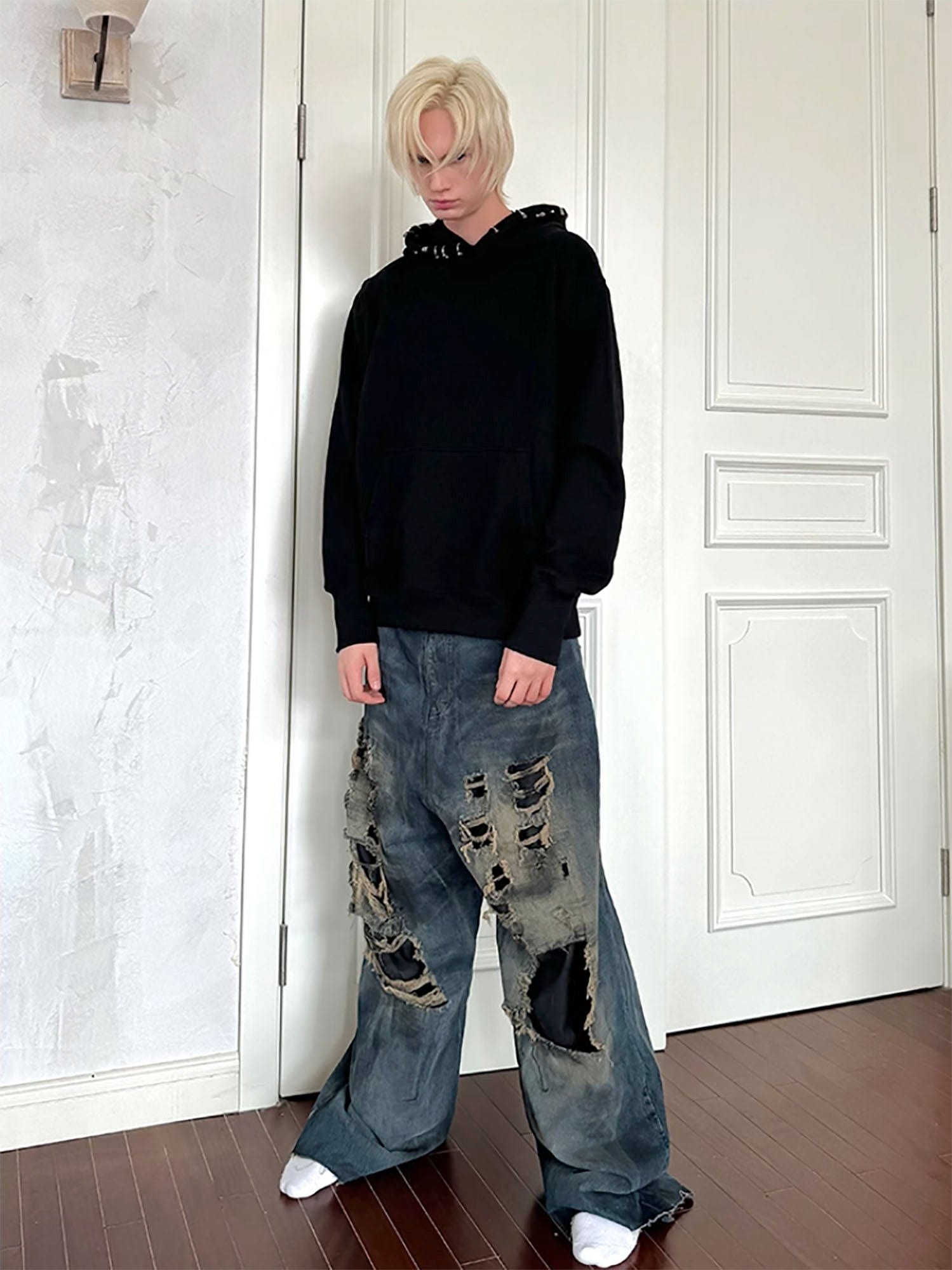 TRIANGLE PROJECT Layered Washed Oversized Ripped Jeans, premium urban and streetwear designers apparel on PROJECTISR.com, TRIANGLE PROJECT