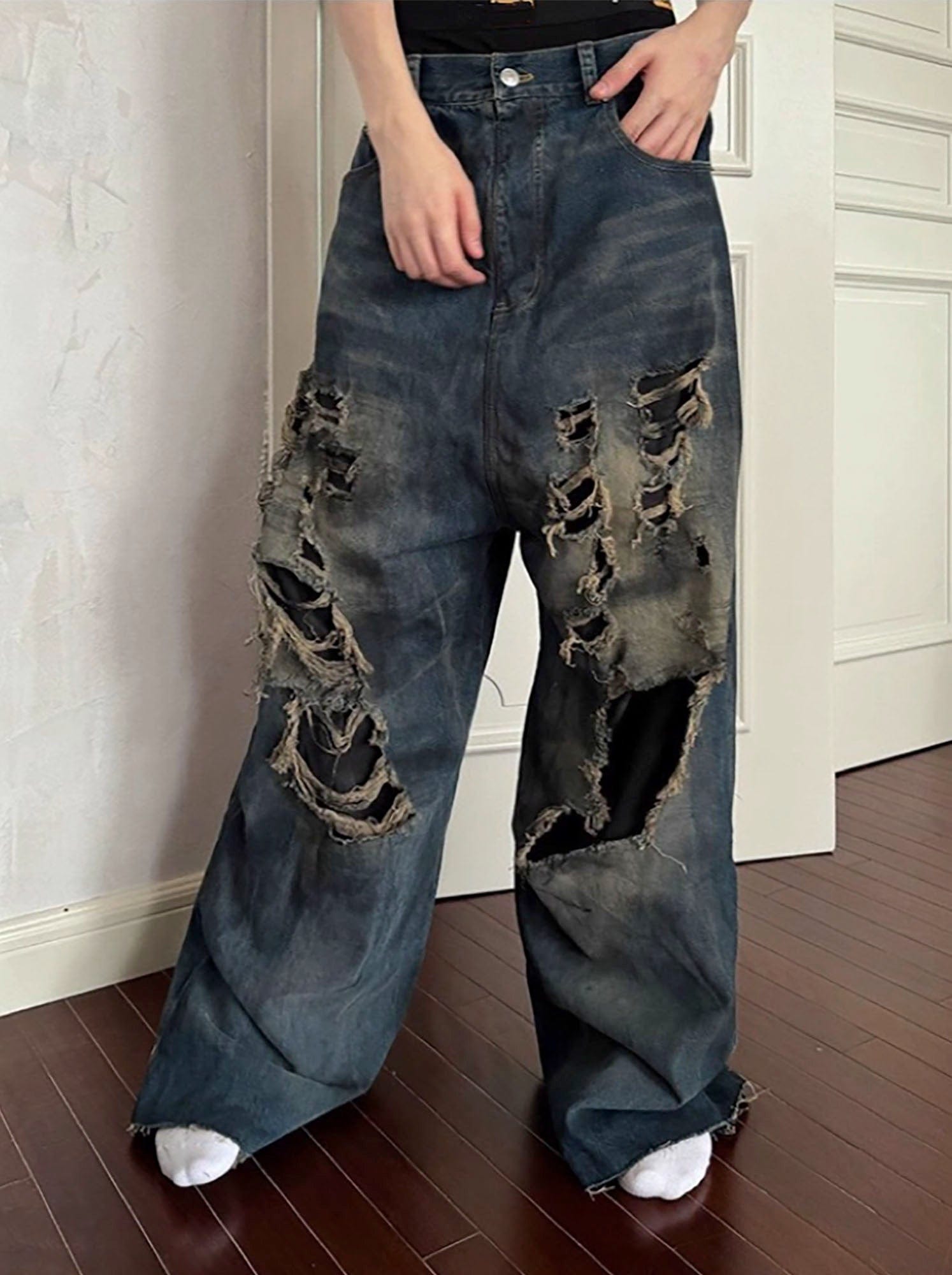 TRIANGLE PROJECT Layered Washed Oversized Ripped Jeans, premium urban and streetwear designers apparel on PROJECTISR.com, TRIANGLE PROJECT