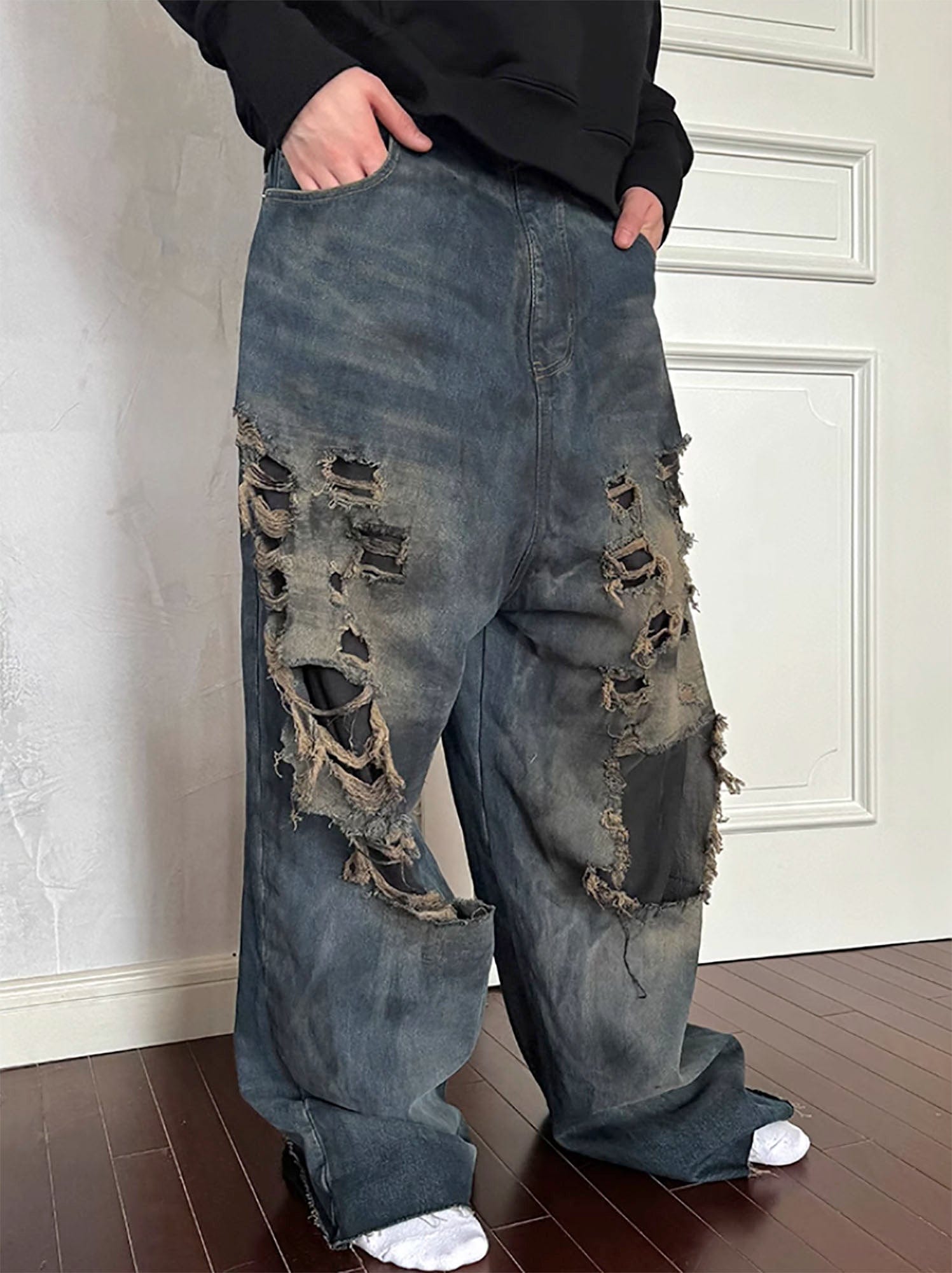 TRIANGLE PROJECT Layered Washed Oversized Ripped Jeans, premium urban and streetwear designers apparel on PROJECTISR.com, TRIANGLE PROJECT
