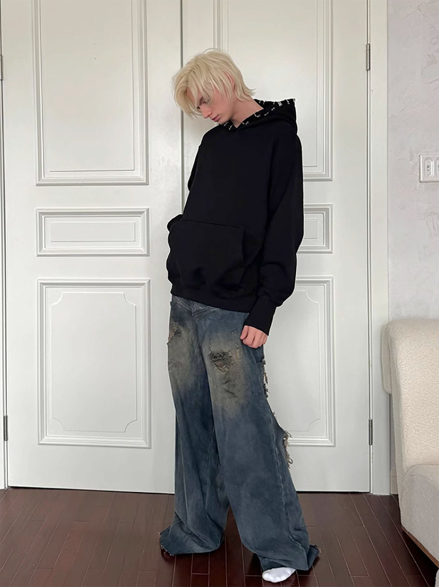 TRIANGLE PROJECT Layered Washed Oversized Ripped Jeans, premium urban and streetwear designers apparel on PROJECTISR.com, TRIANGLE PROJECT