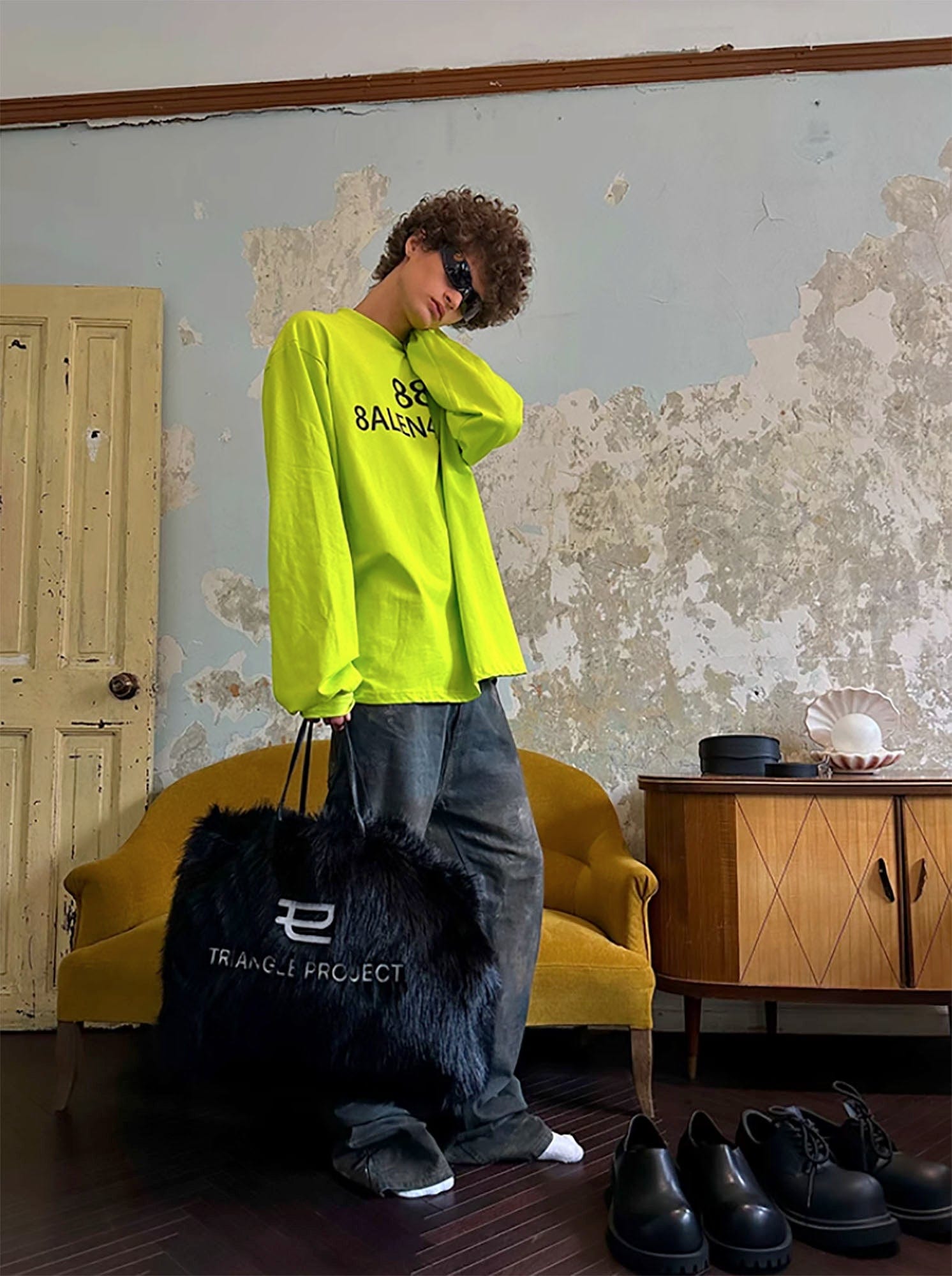 TRIANGLE PROJECT Fluffy Faux Fur LOGO Embroidery Oversized Tote, premium urban and streetwear designers apparel on PROJECTISR.com, TRIANGLE PROJECT