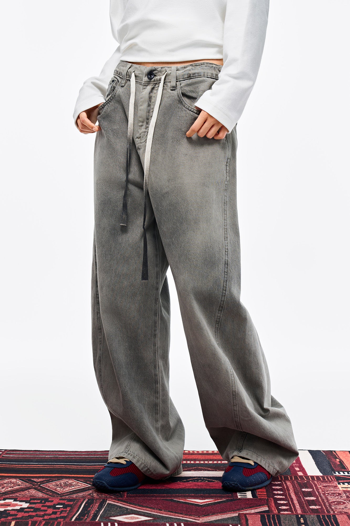 OVERLAPS Washed Drawstring Wide-Leg Jeans, premium urban and streetwear designers apparel on PROJECTISR.com, OVERLAPS