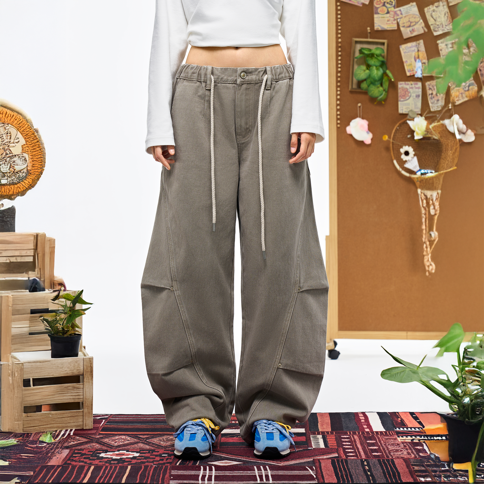 OVERLAPS Washed Drawstring Barrel-Leg Utility Pants, premium urban and streetwear designers apparel on PROJECTISR.com, OVERLAPS