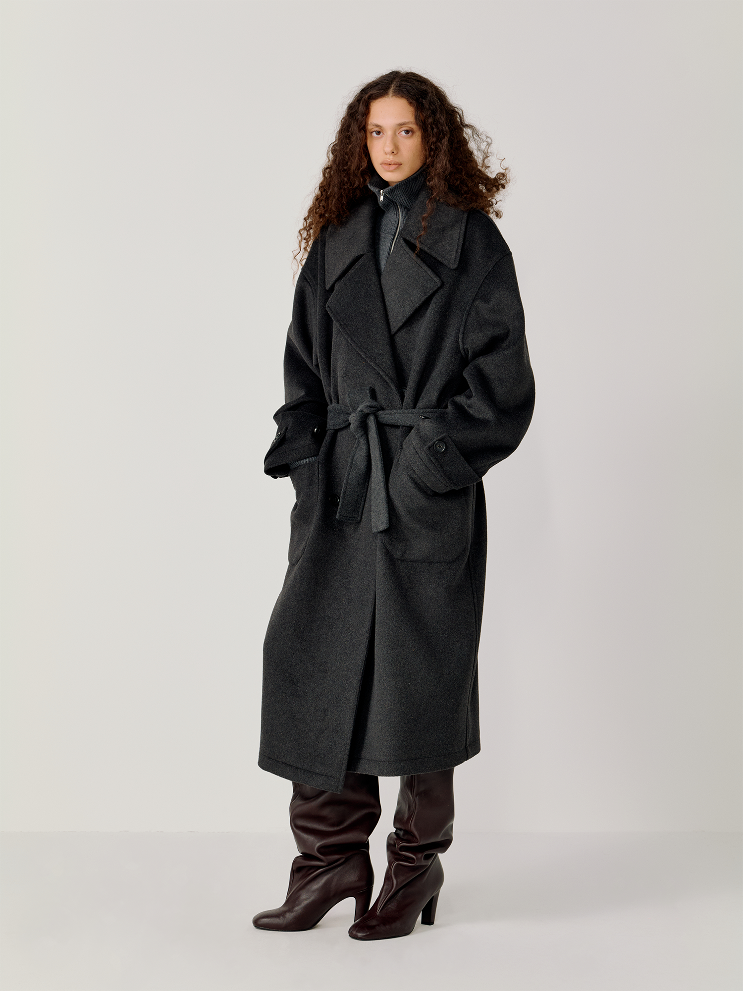 OPICLOTH Belted Wool-Blend Peak Lapel Overcoat, premium urban and streetwear designers apparel on PROJECTISR.com, OPICLOTH