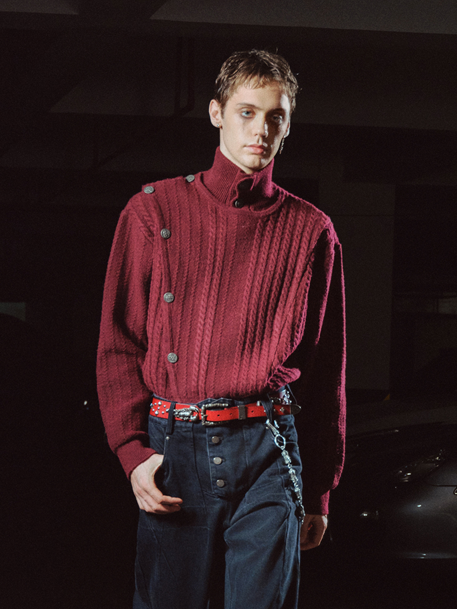 RICHILL Asym Buttoned Cable-Knit Sweater, premium urban and streetwear designers apparel on PROJECTISR.com, RICHILL