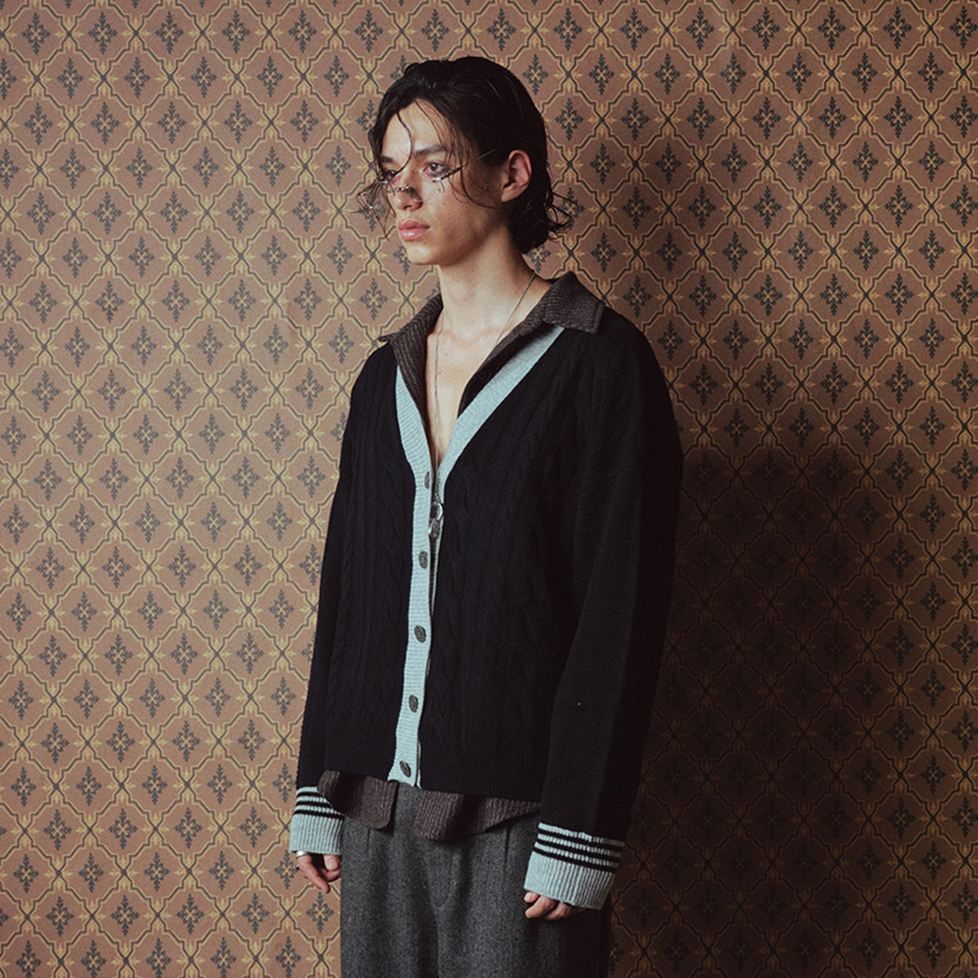 RICHILL Contrast Trim Cable Knit Cardigan