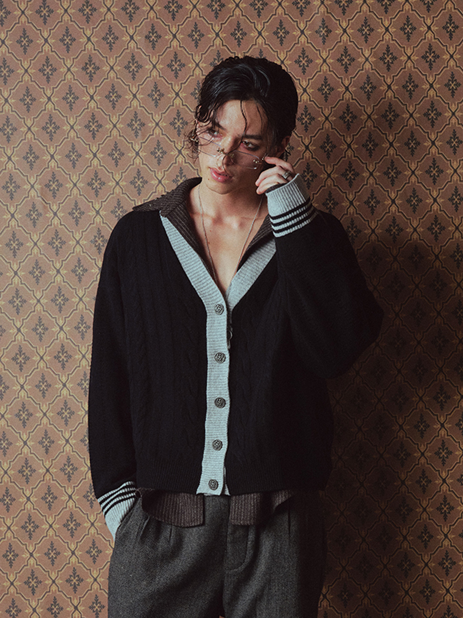 RICHILL Contrast Trim Cable Knit Cardigan