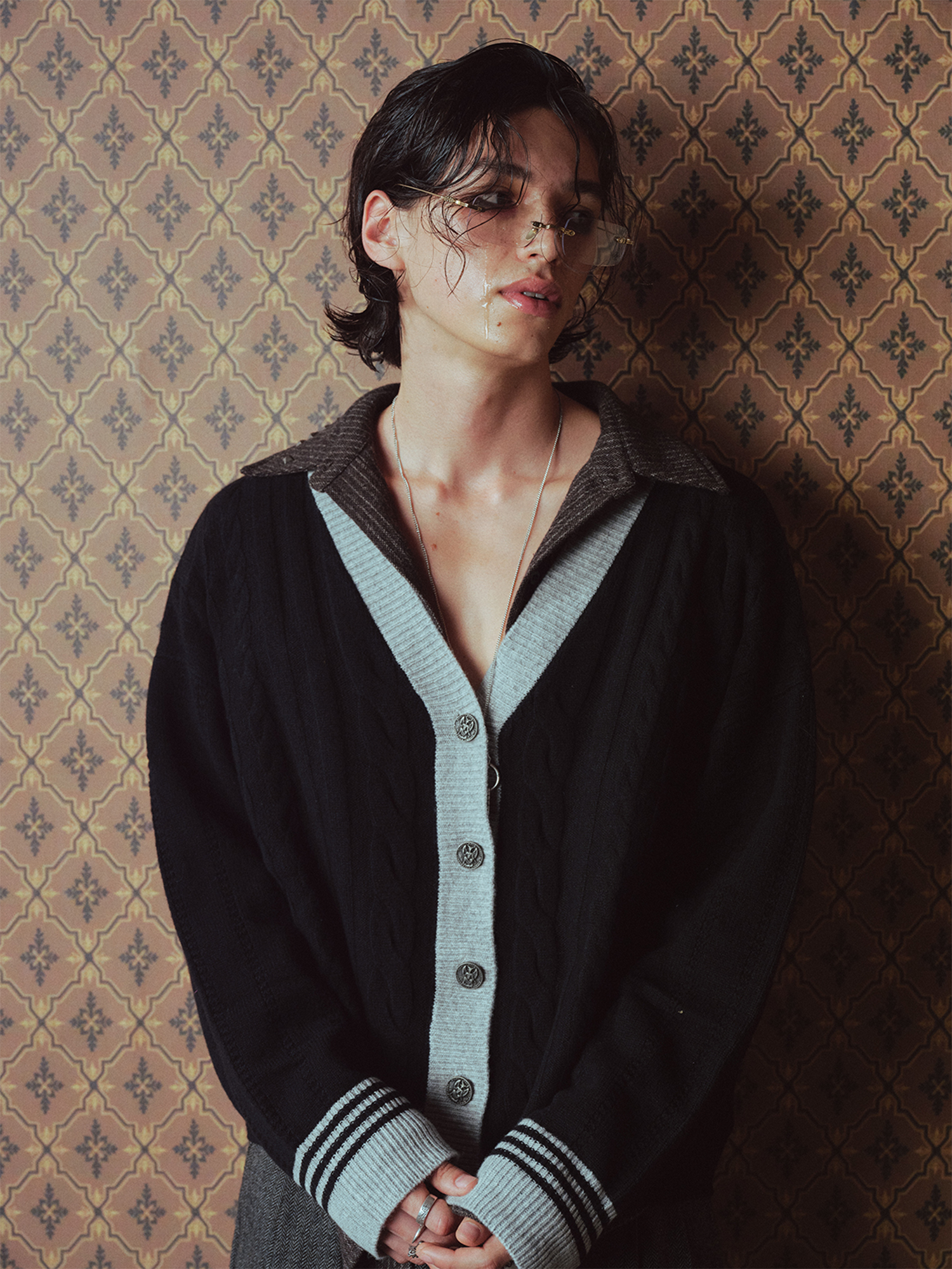 RICHILL Contrast Trim Cable Knit Cardigan
