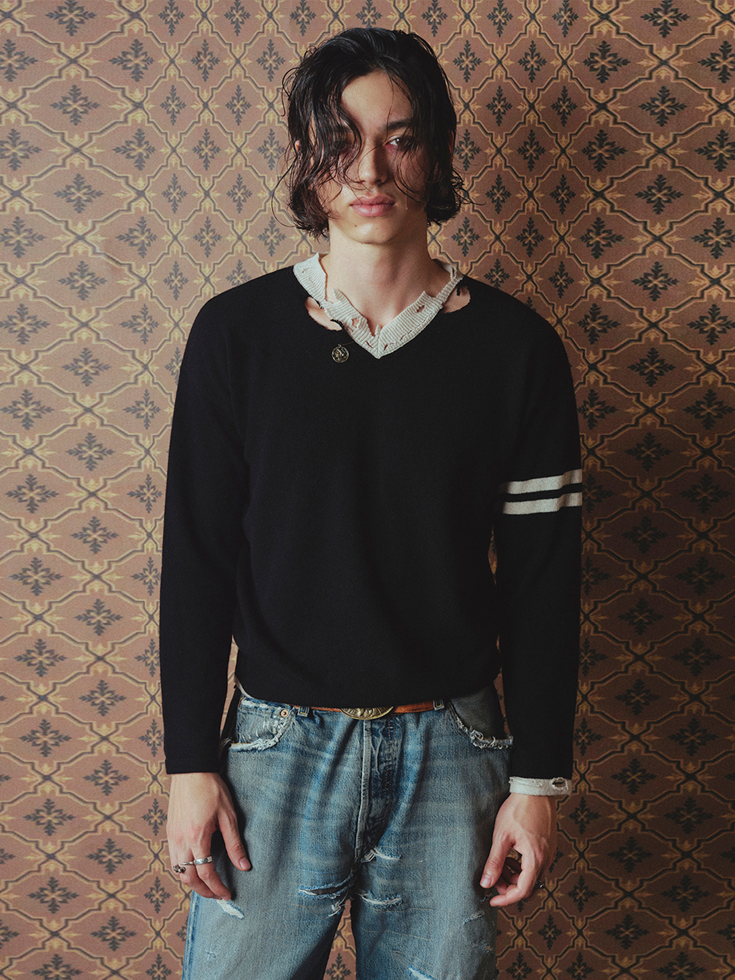 RICHILL Distressed V-Neck Coin-Button Wool Sweater