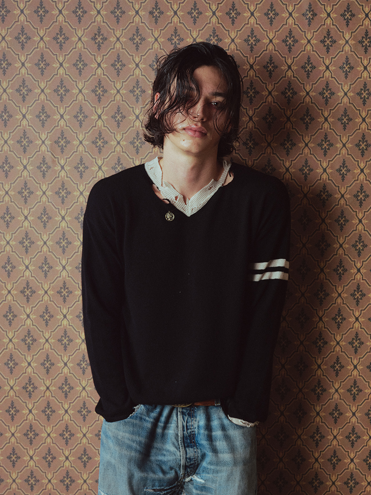 RICHILL Distressed V-Neck Coin-Button Wool Sweater