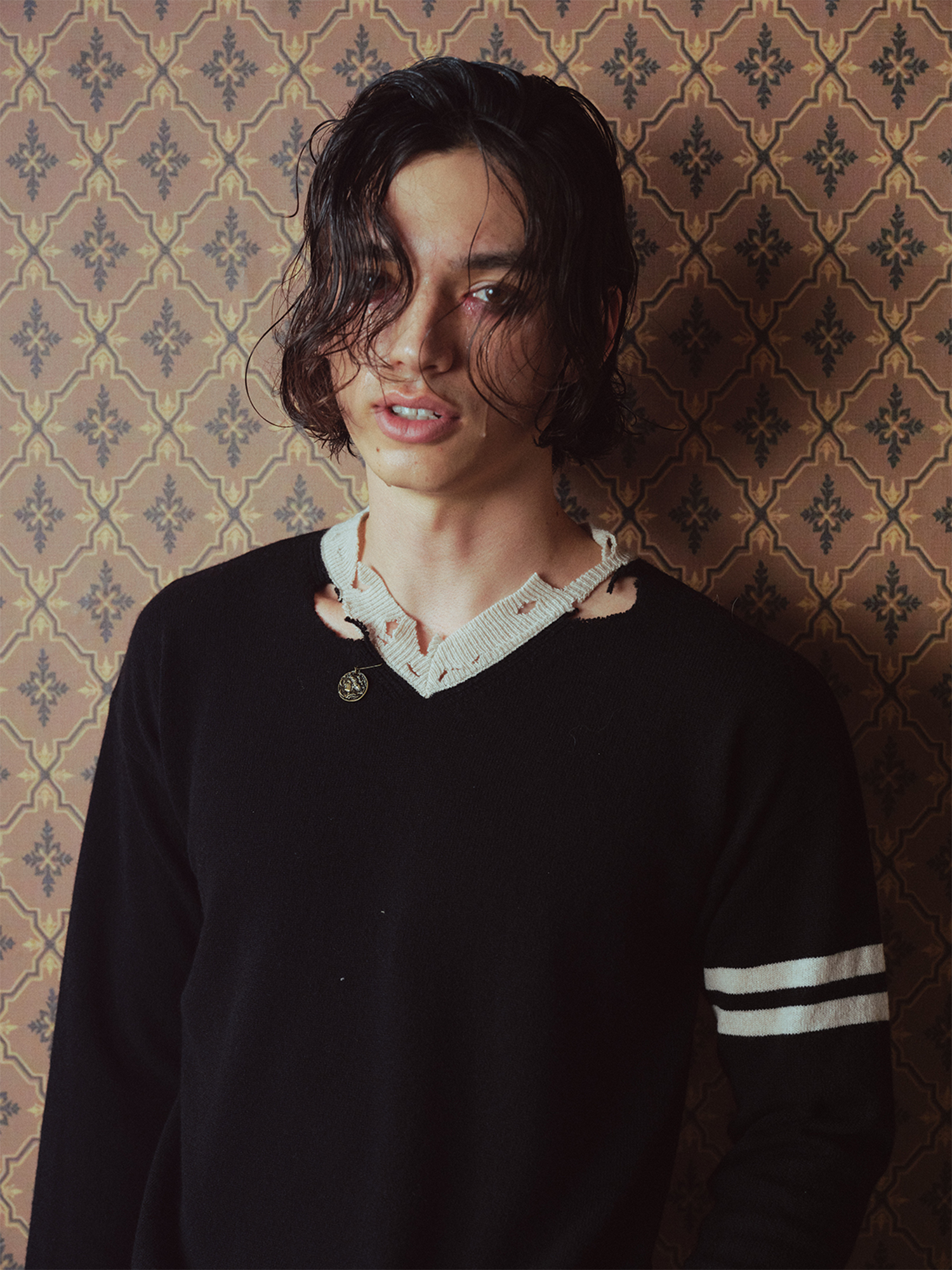 RICHILL Distressed V-Neck Coin-Button Wool Sweater