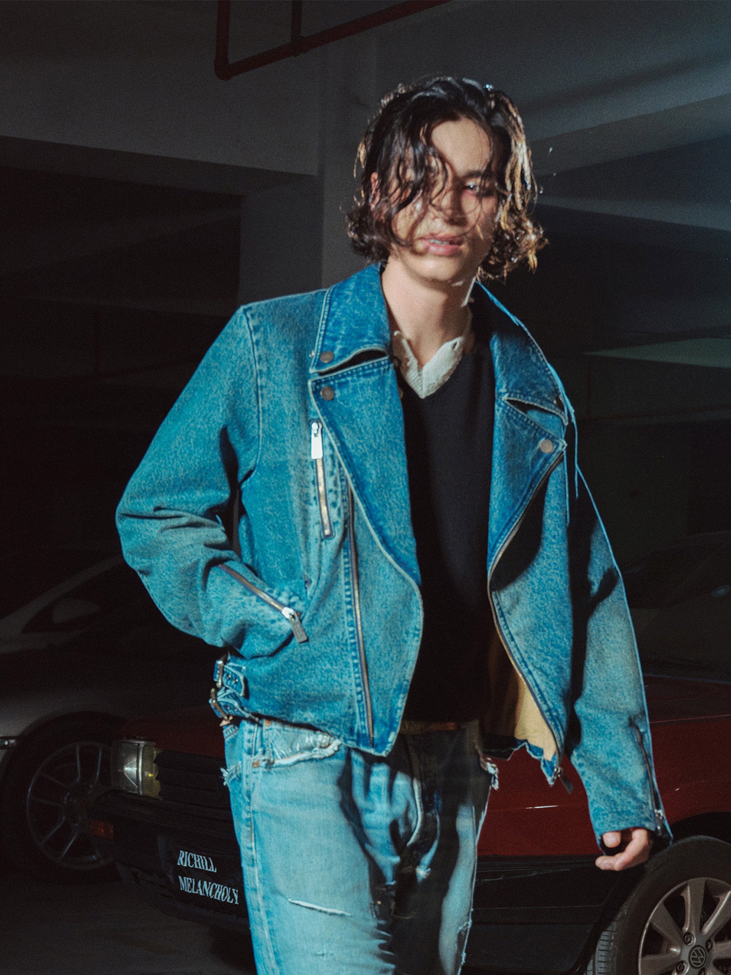 RICHILL Washed Multi-Zip Short Denim Biker Jacket, premium urban and streetwear designers apparel on PROJECTISR.com, RICHILL