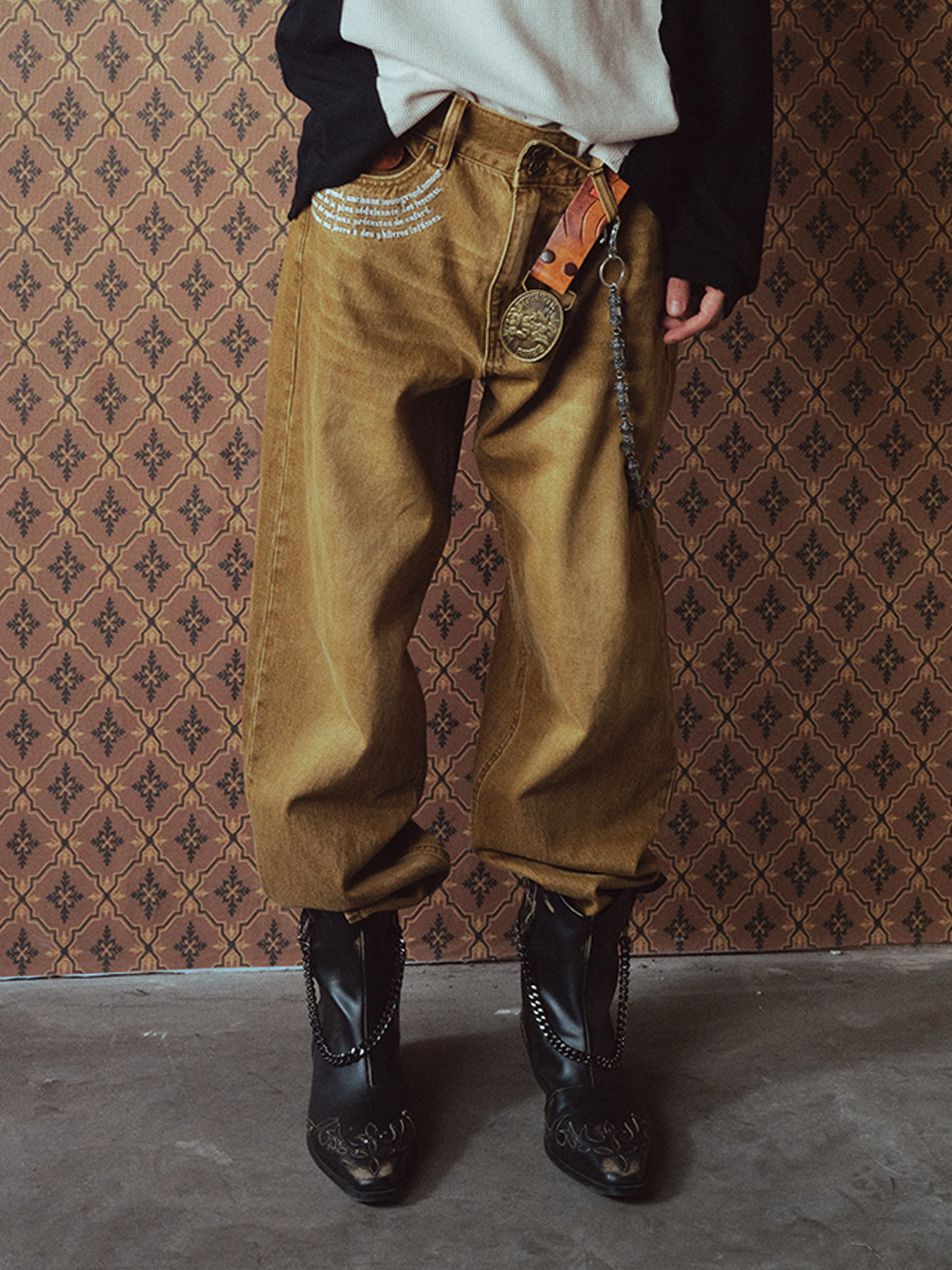 RICHILL Washed Slogan Embroidery Dual-Button Jeans, premium urban and streetwear designers apparel on PROJECTISR.com, RICHILL