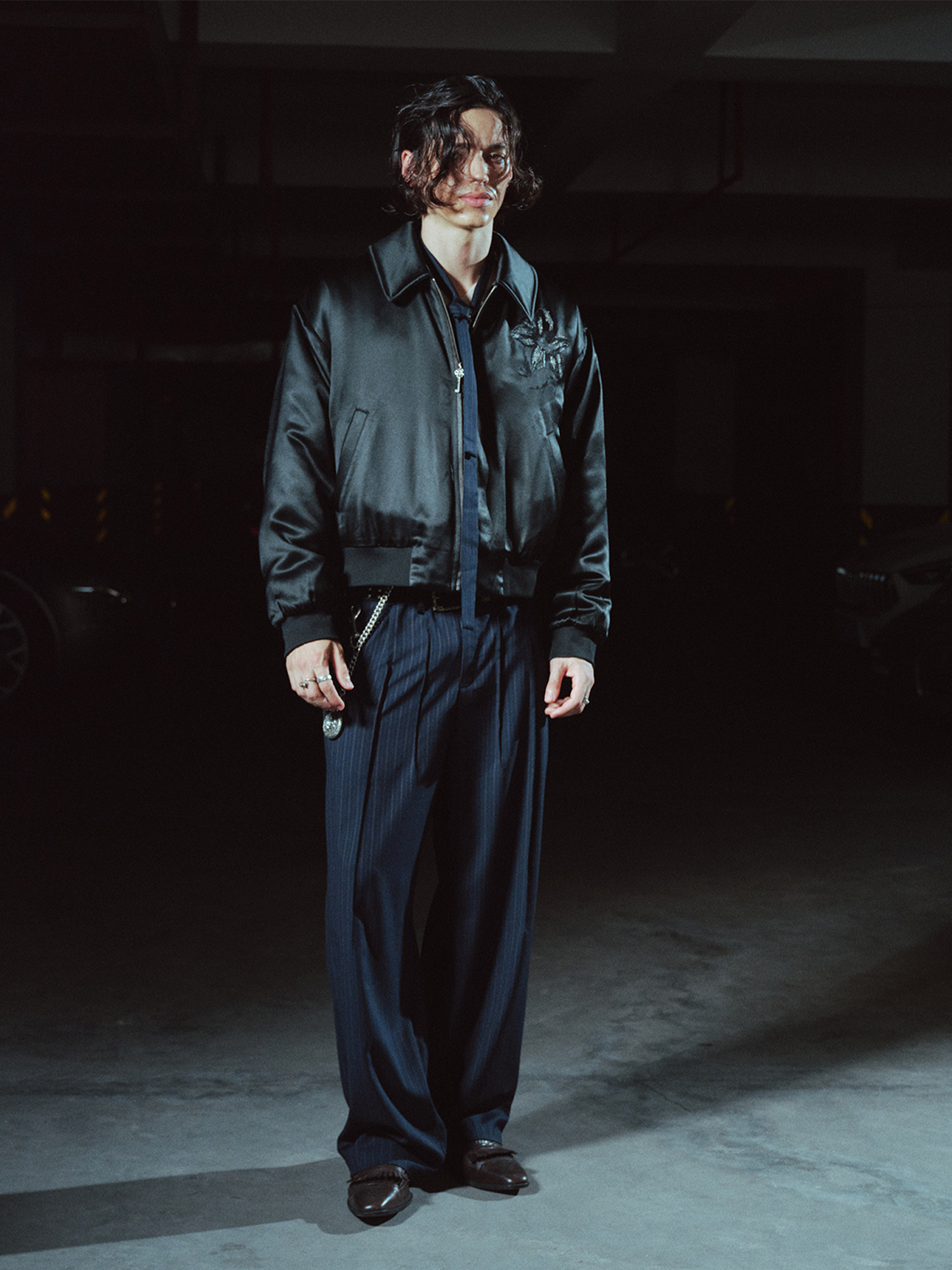 RICHILL Asymmetric Waist Pinstripe Pleated Wide-Leg Trousers