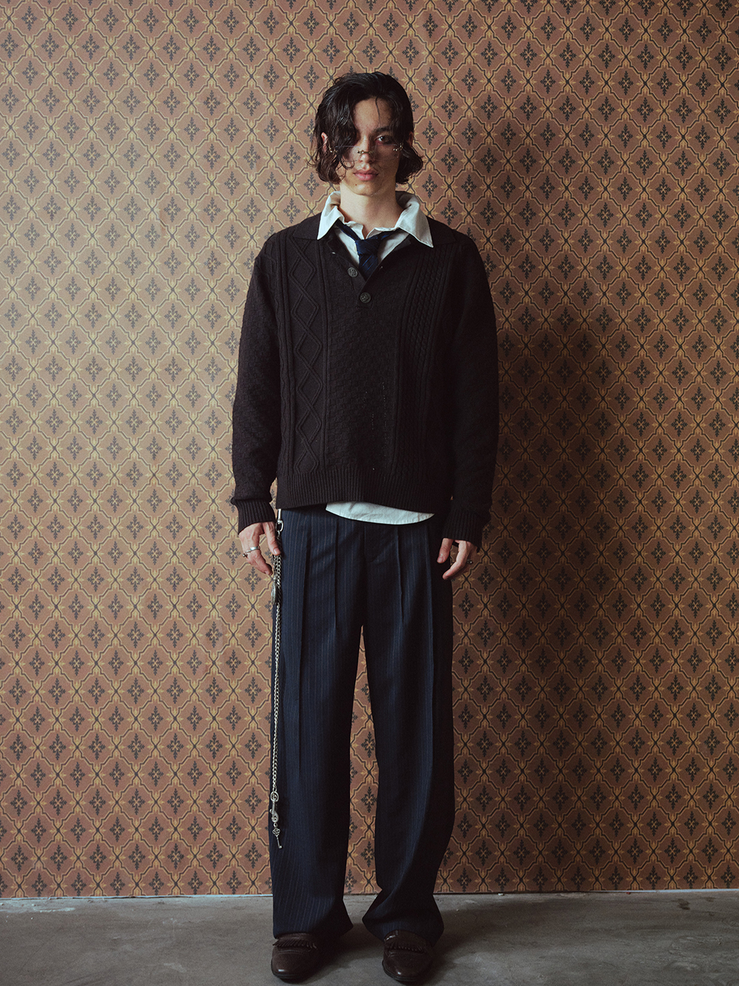 RICHILL Asymmetric Waist Pinstripe Pleated Wide-Leg Trousers
