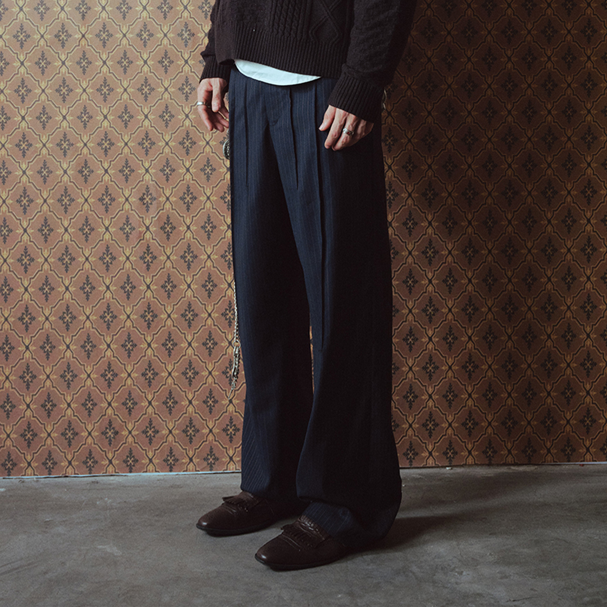 RICHILL Asymmetric Waist Pinstripe Pleated Wide-Leg Trousers