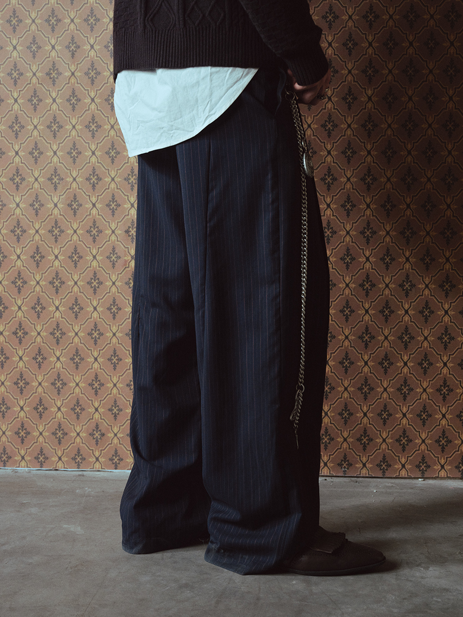 RICHILL Asymmetric Waist Pinstripe Pleated Wide-Leg Trousers
