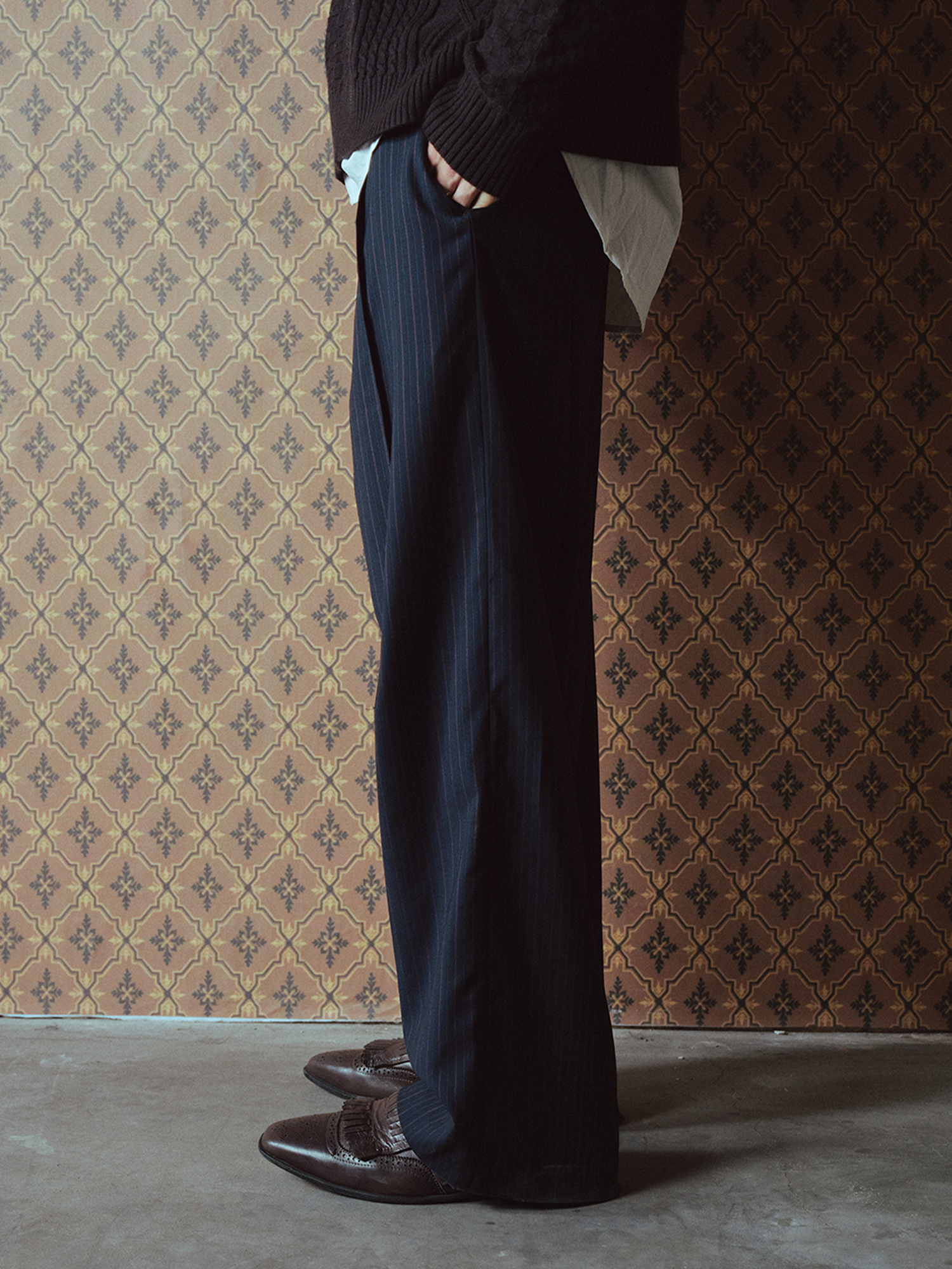 RICHILL Asymmetric Waist Pinstripe Pleated Wide-Leg Trousers