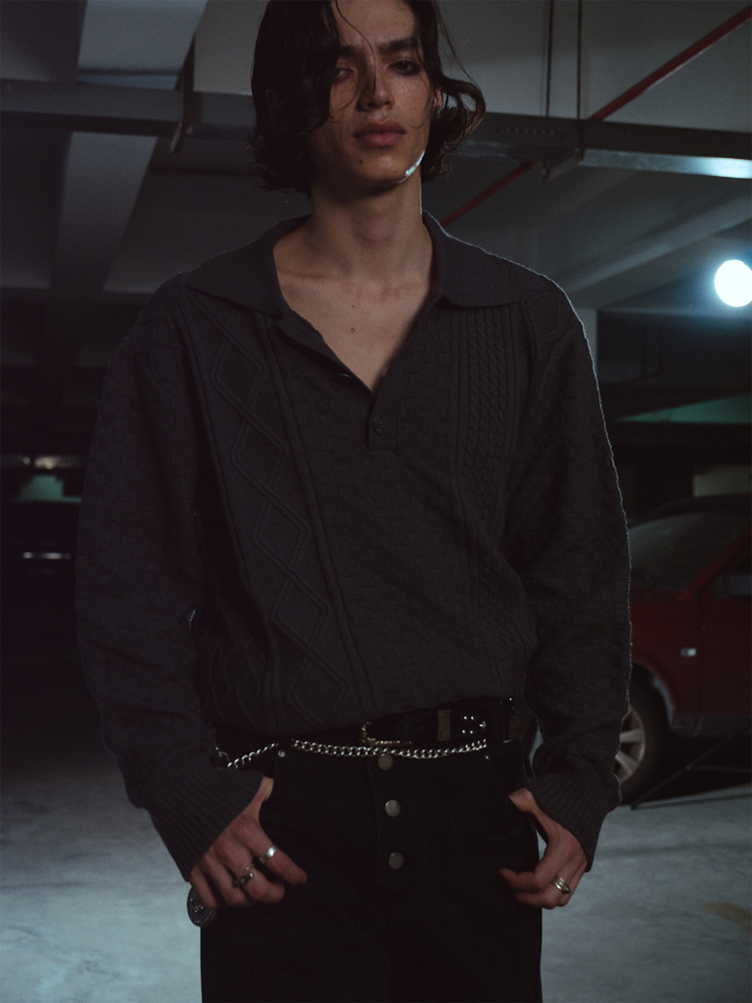 RICHILL Classic Mental-Button Cable Polo Sweater
