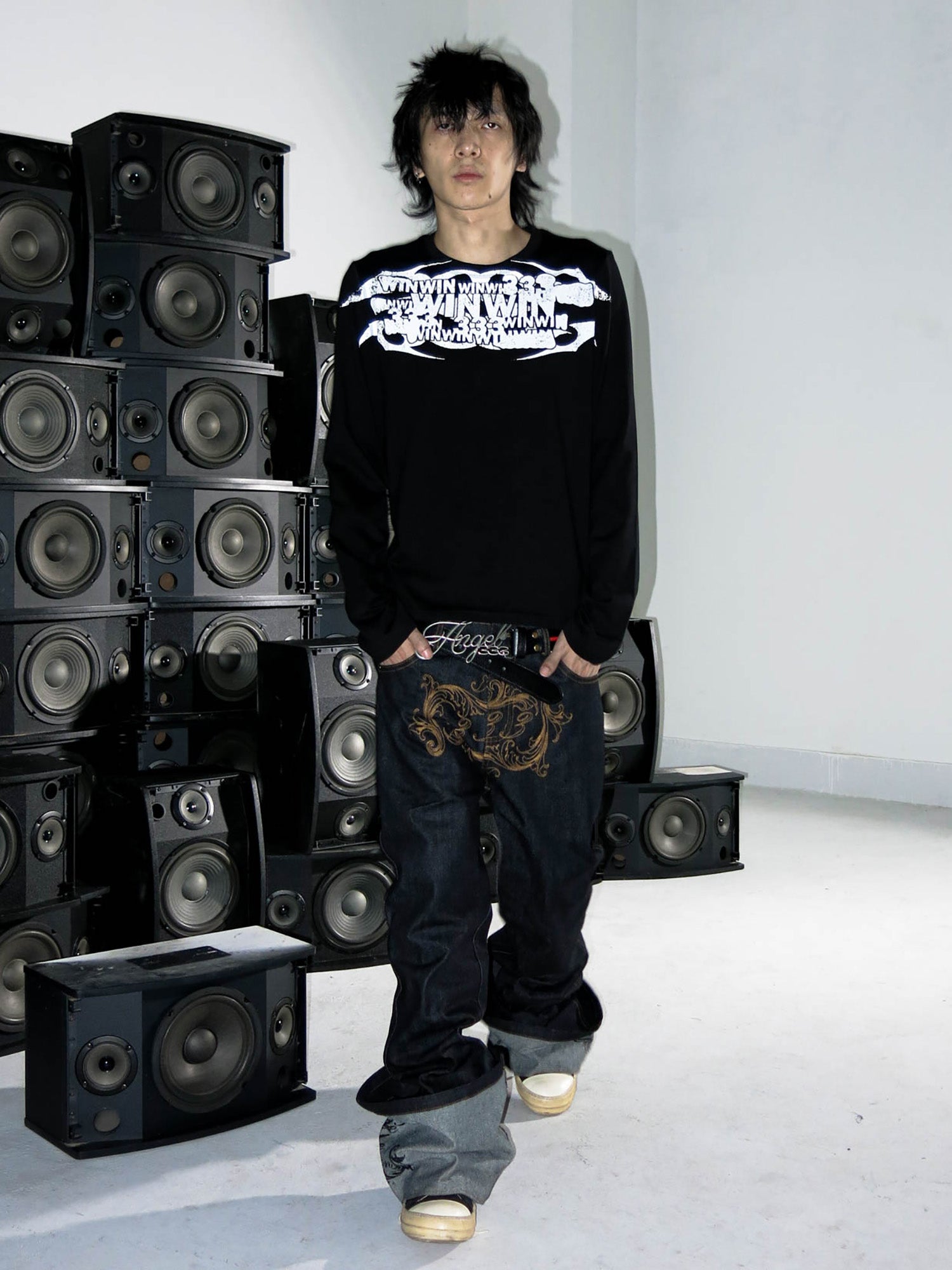 PCCVISION Baroque Embroidered Raw Denim Stacked Jeans