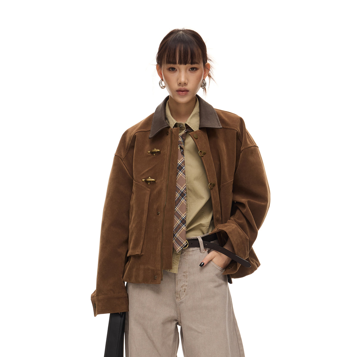 BOTANICA Retro Spliced Faux Leather Aviator Jacket