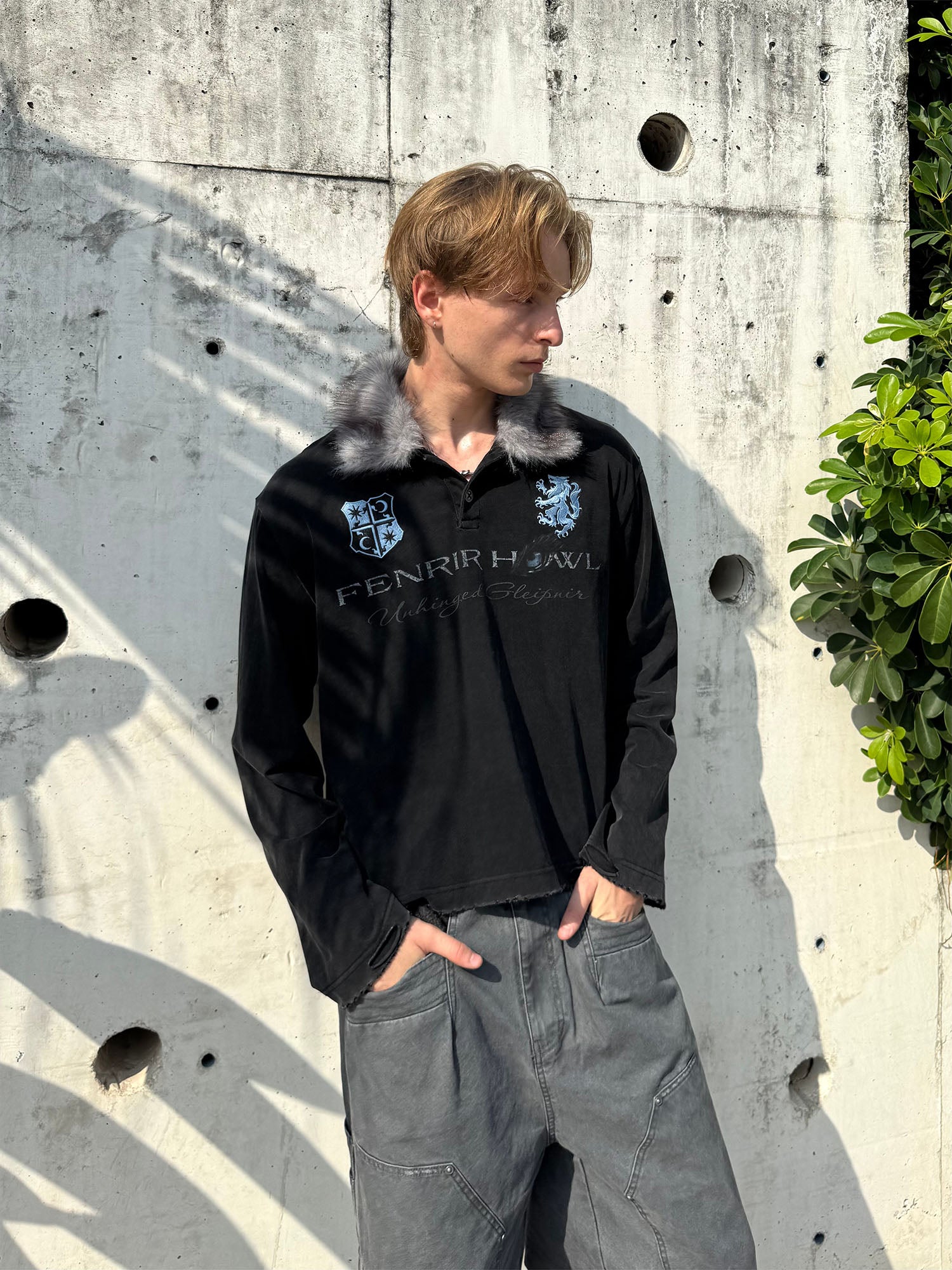 ESAIAS Detachable Faux Fur Collar Embroidered Long-Sleeve Tee, premium urban and streetwear designers apparel on PROJECTISR.com, ESAIAS